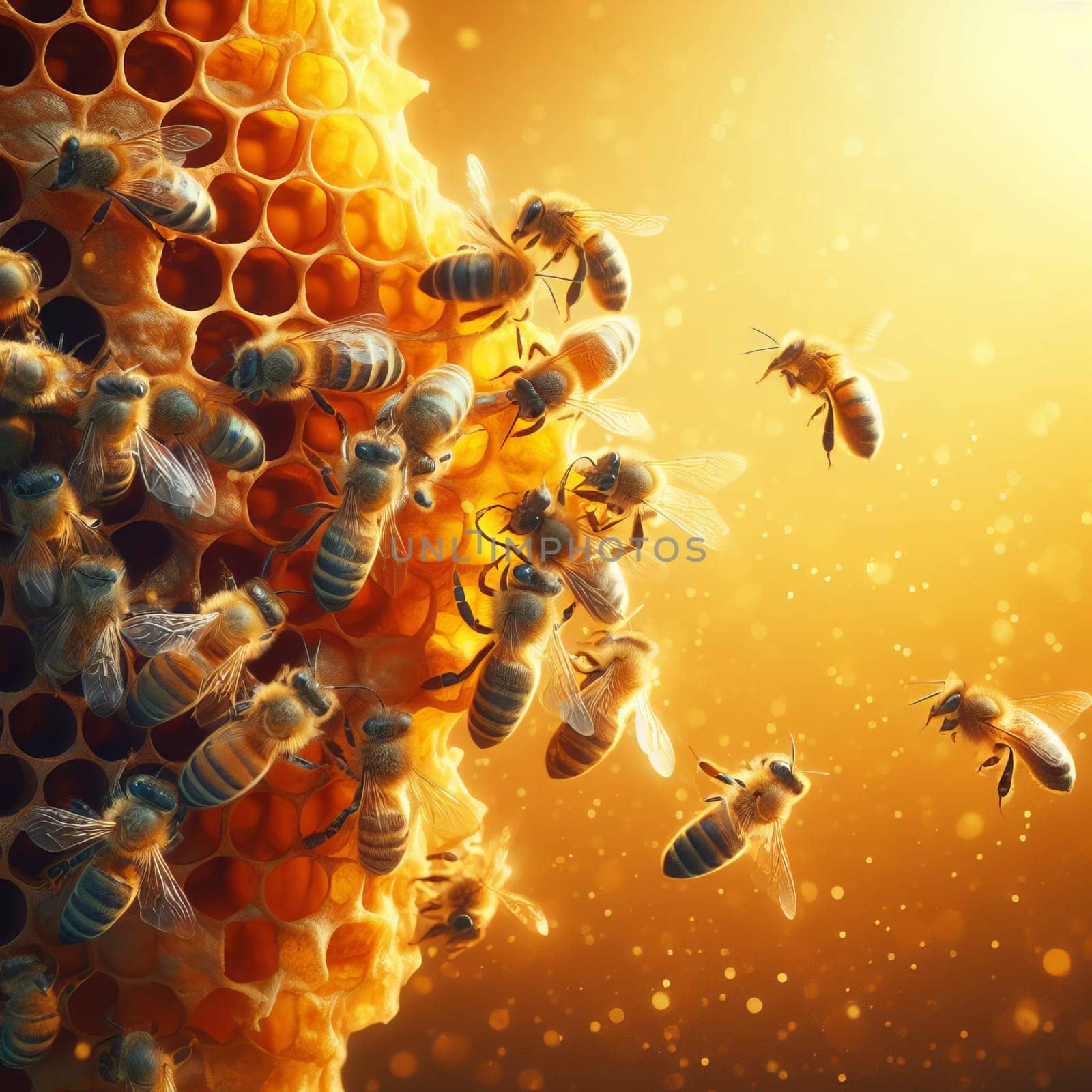 Vibrant swarm of bees busily working on a honeycomb, set against a warm, orange bokeh background with copy space