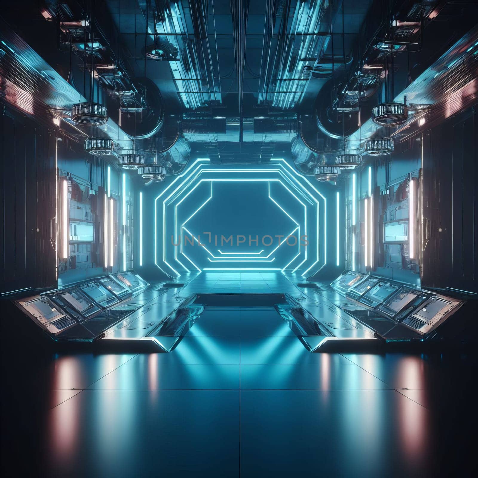 Futuristic image of a blue-lit room with a hexagonal portal in the center and computer panels on the sides. by sfinks