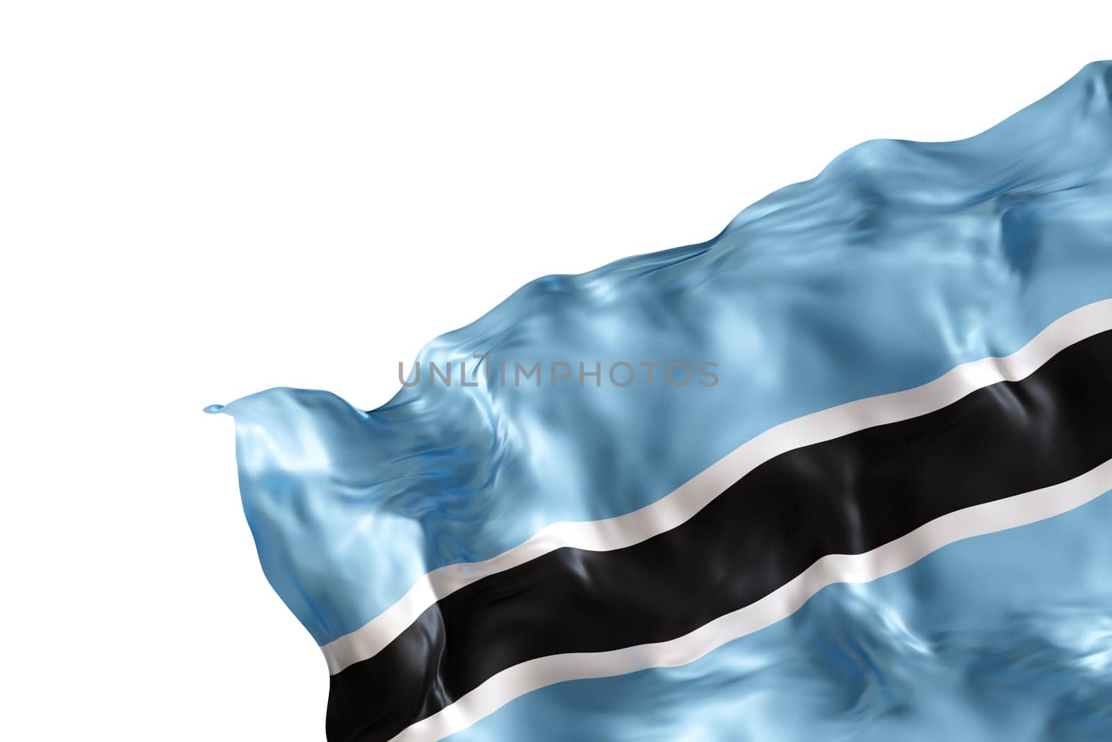Realistic flag of Botswana with folds, isolated on white background. Footer, corner design element. Cut out. Perfect for patriotic themes or national event promotions. Empty, copy space. 3D render