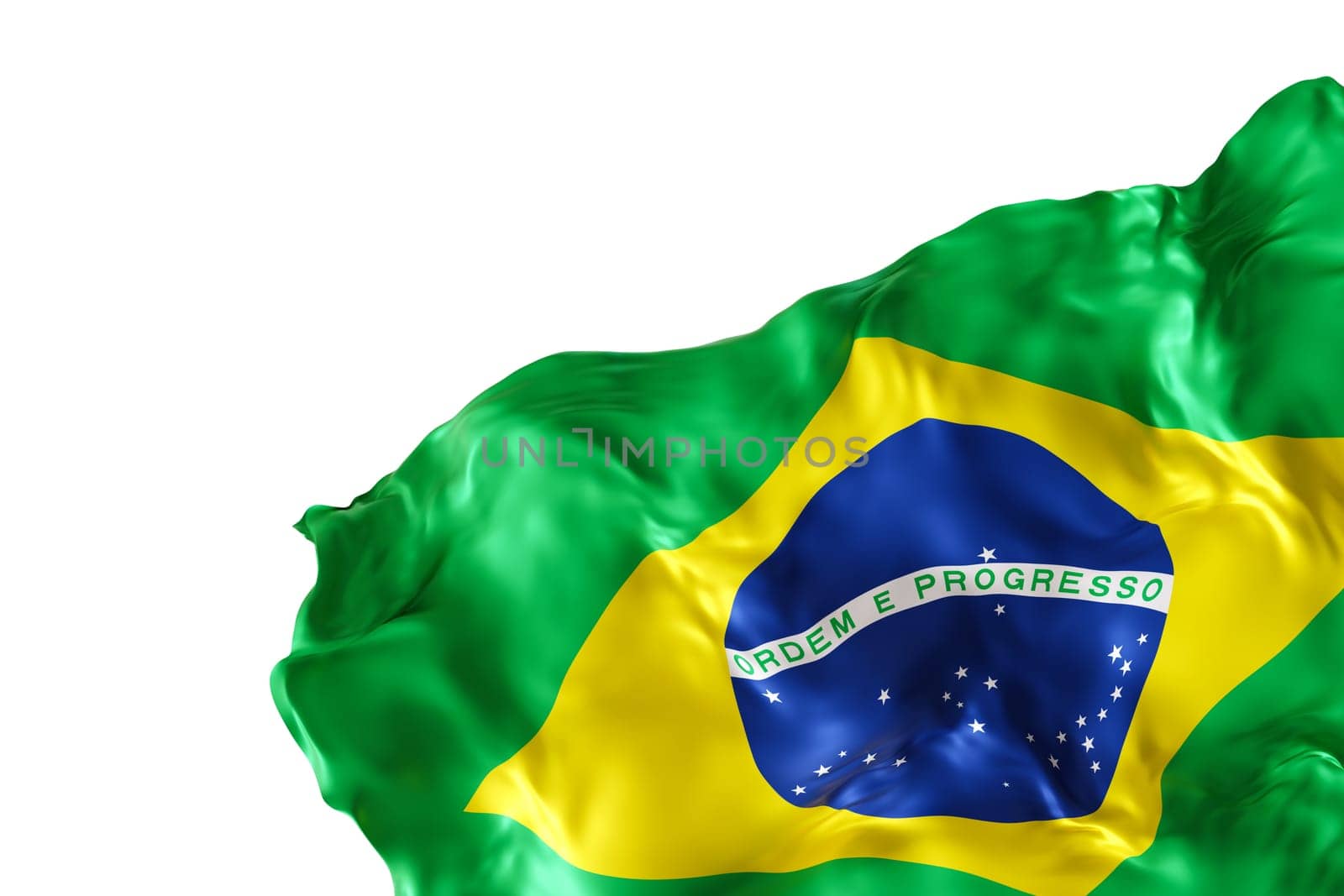 Realistic flag of Brazil with folds, isolated on white background. Footer, corner design element. Cut out. Perfect for patriotic themes or national event promotions. Empty, copy space. 3D render. by creativebird