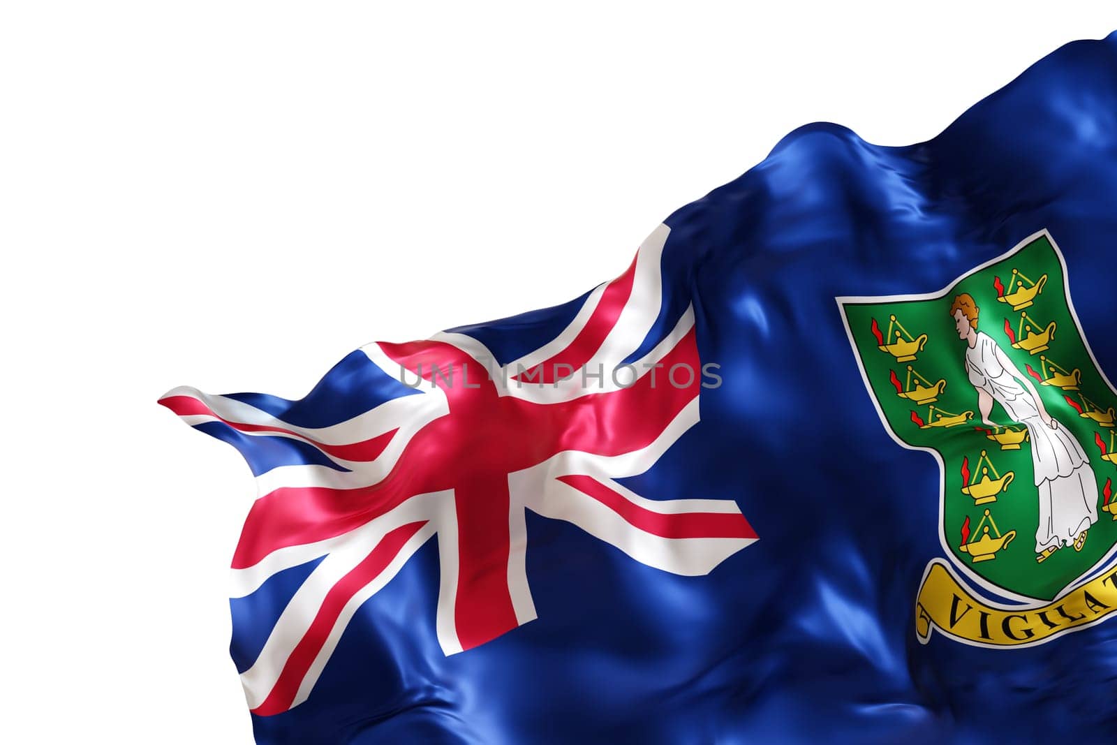 Realistic flag of British Virgin Islands, isolated on white background. Footer, corner design element. Cut out. Perfect for patriotic themes or national event promotions. Empty, copy space. 3D render