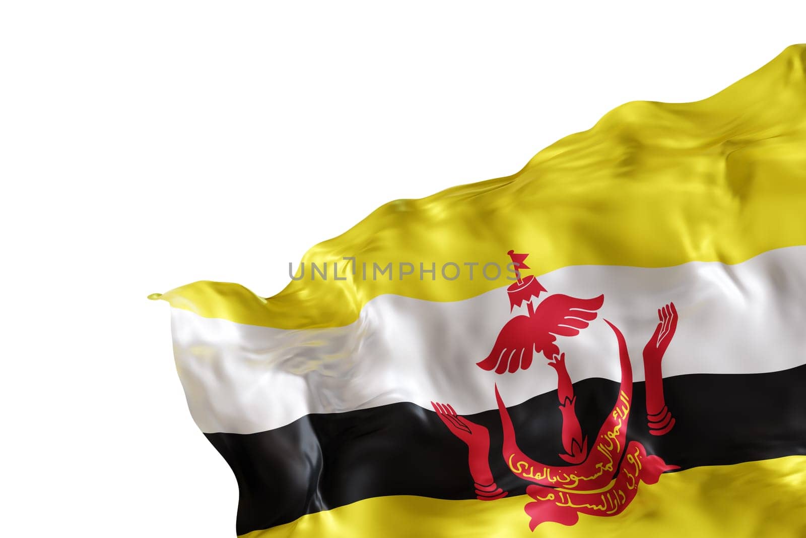 Realistic flag of Brunei with folds, isolated on white background. Footer, corner design element. Cut out. Perfect for patriotic themes or national event promotions. Empty, copy space. 3D render. by creativebird