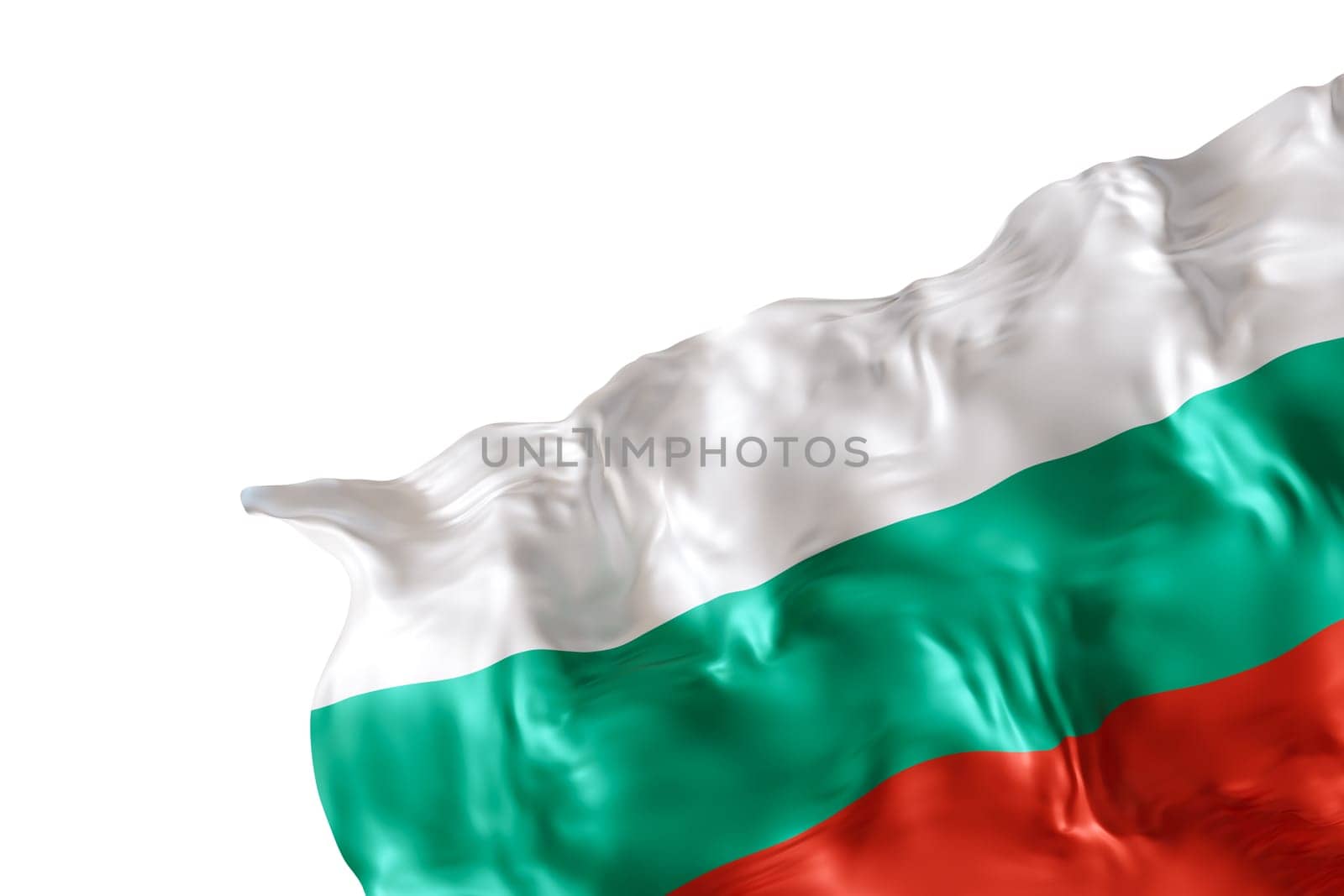 Realistic flag of Bulgaria with folds, isolated on white background. Footer, corner design element. Cut out. Perfect for patriotic themes or national event promotions. Empty, copy space. 3D render. by creativebird