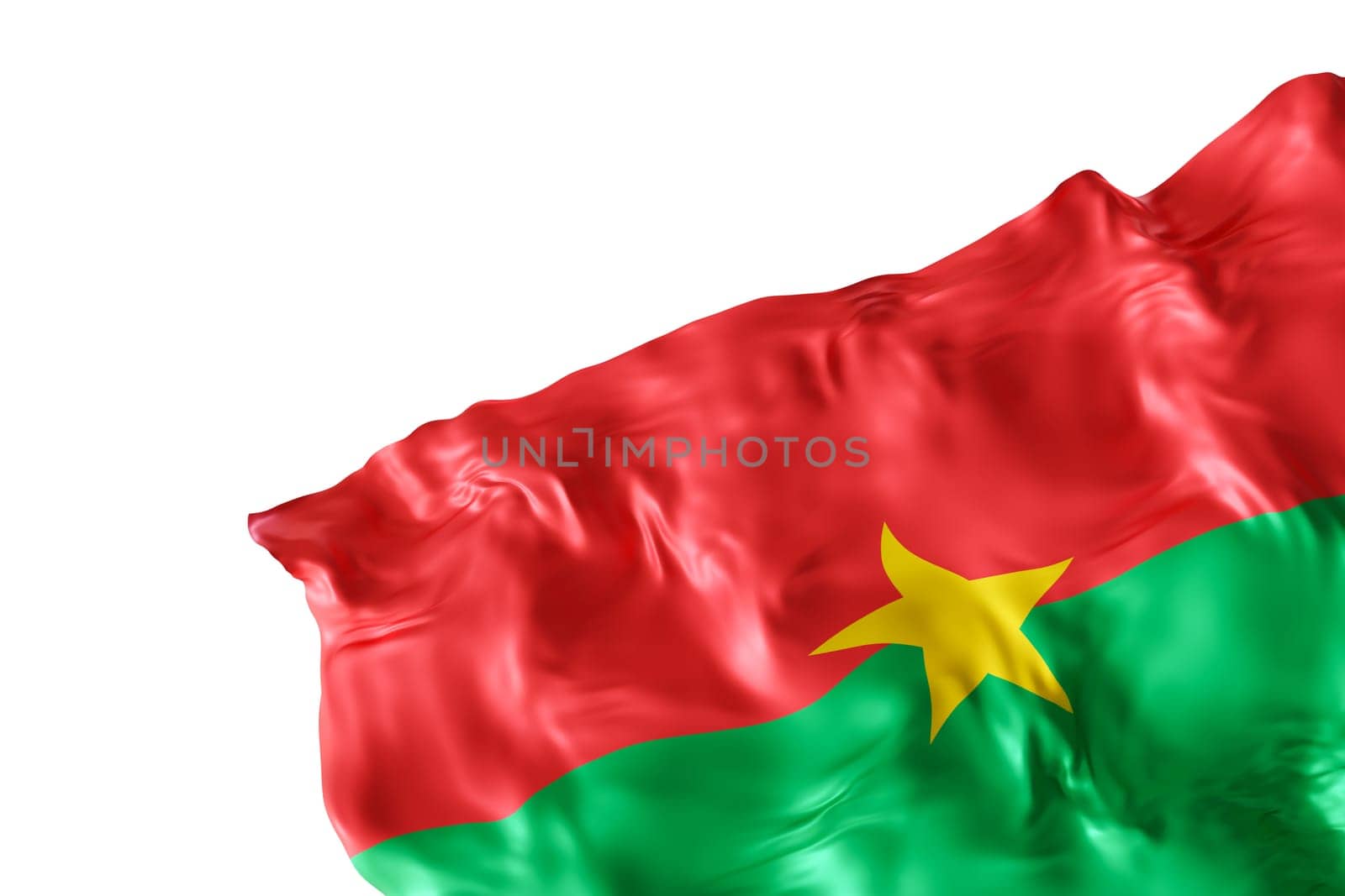 Realistic flag of Burkina Faso with folds, isolated on white background. Footer, corner design element. Cut out. Perfect for patriotic themes or national event promotions. Empty, copy space. 3D render