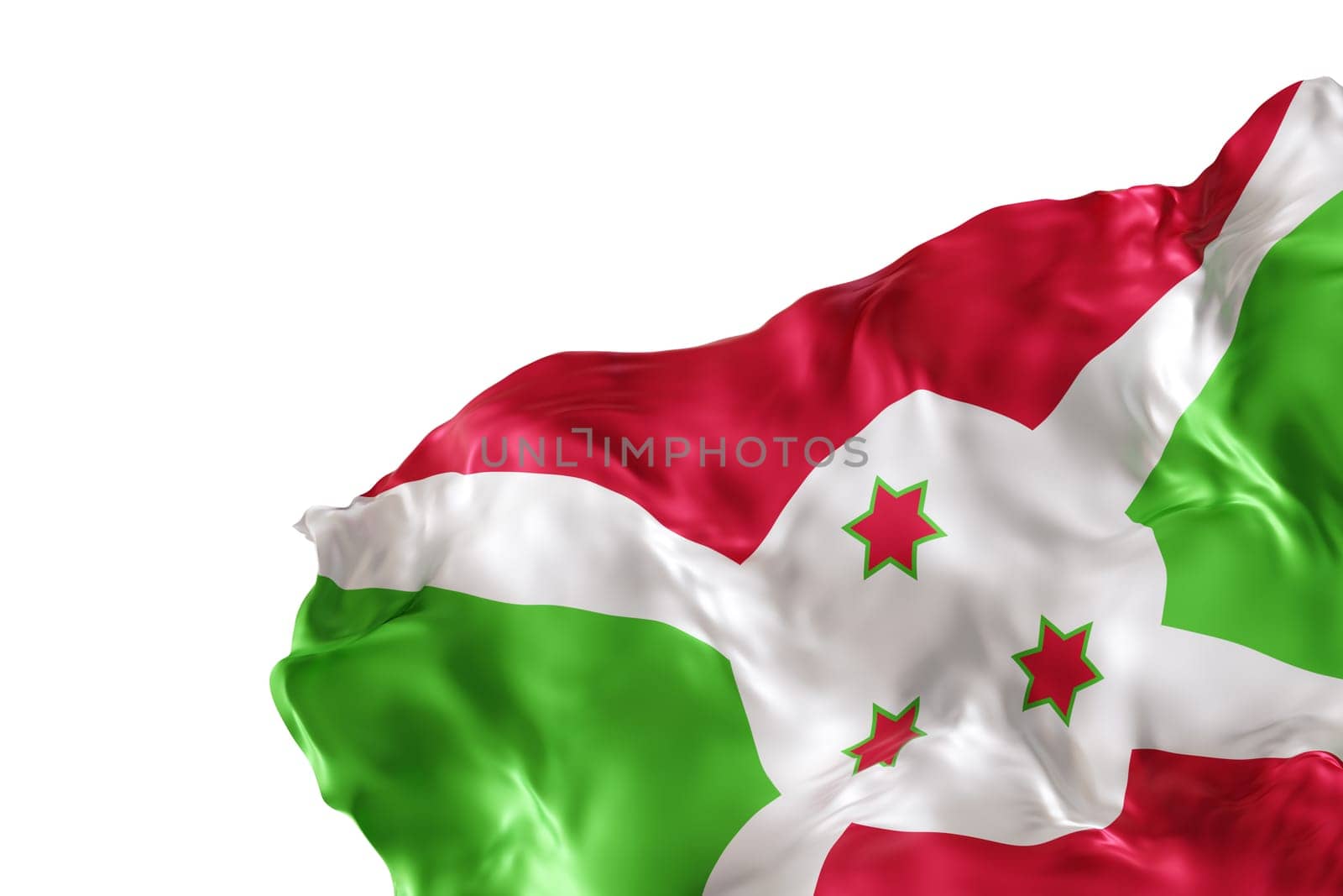 Realistic flag of Burundi with folds, isolated on white background. Footer, corner design element. Cut out. Perfect for patriotic themes or national event promotions. Empty, copy space. 3D render. by creativebird
