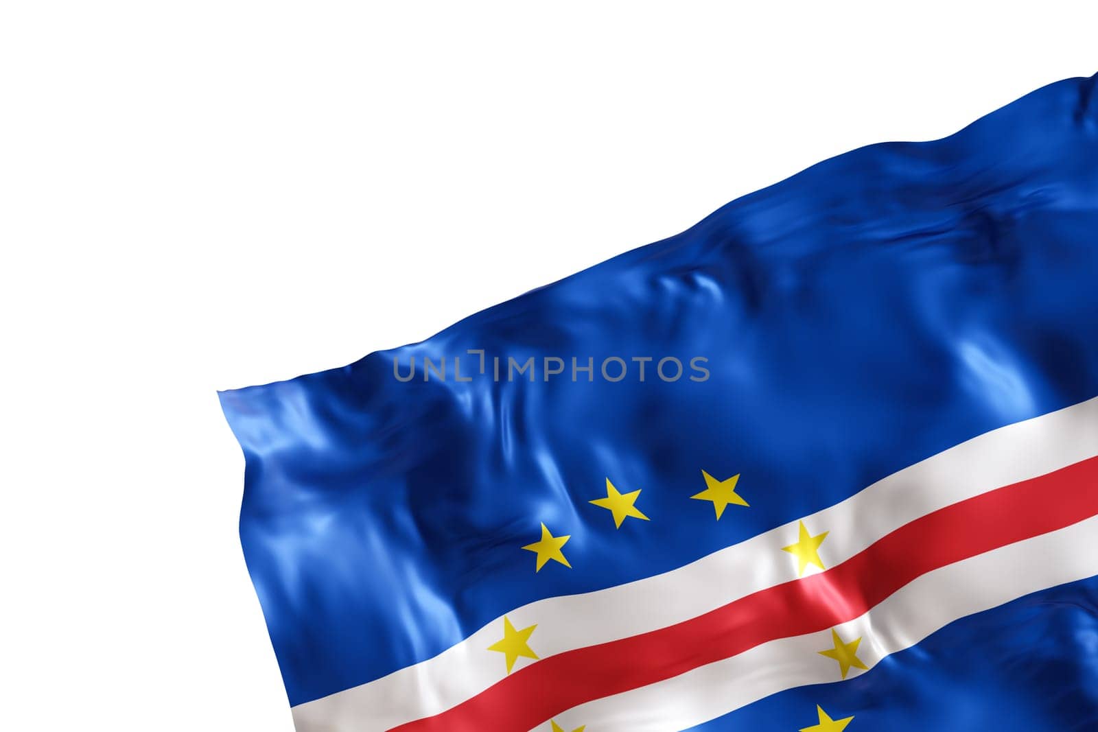Realistic flag of Cape Verde with folds, isolated on white background. Footer, corner design element. Cut out. Perfect for patriotic themes or national event promotions. Empty, copy space. 3D render
