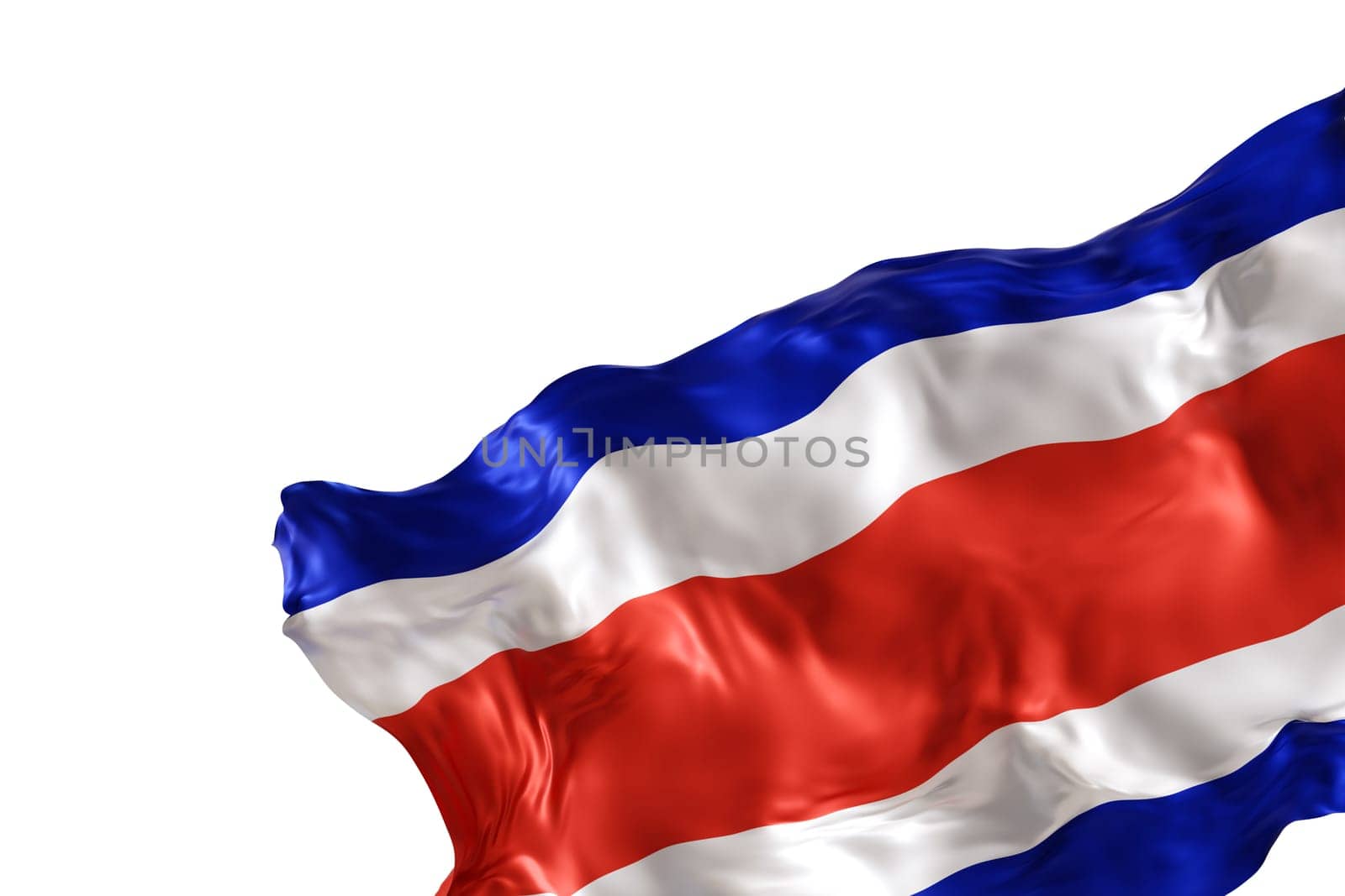 Realistic flag of Costa Rica with folds, isolated on white background. Footer, corner design element. Cut out. Perfect for patriotic themes or national event promotions. Empty, copy space. 3D render