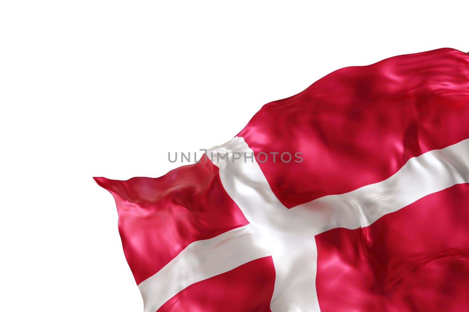 Realistic flag of Denmark with folds, isolated on white background. Footer, corner design element. Cut out. Perfect for patriotic themes or national event promotions. Empty, copy space. 3D render. by creativebird