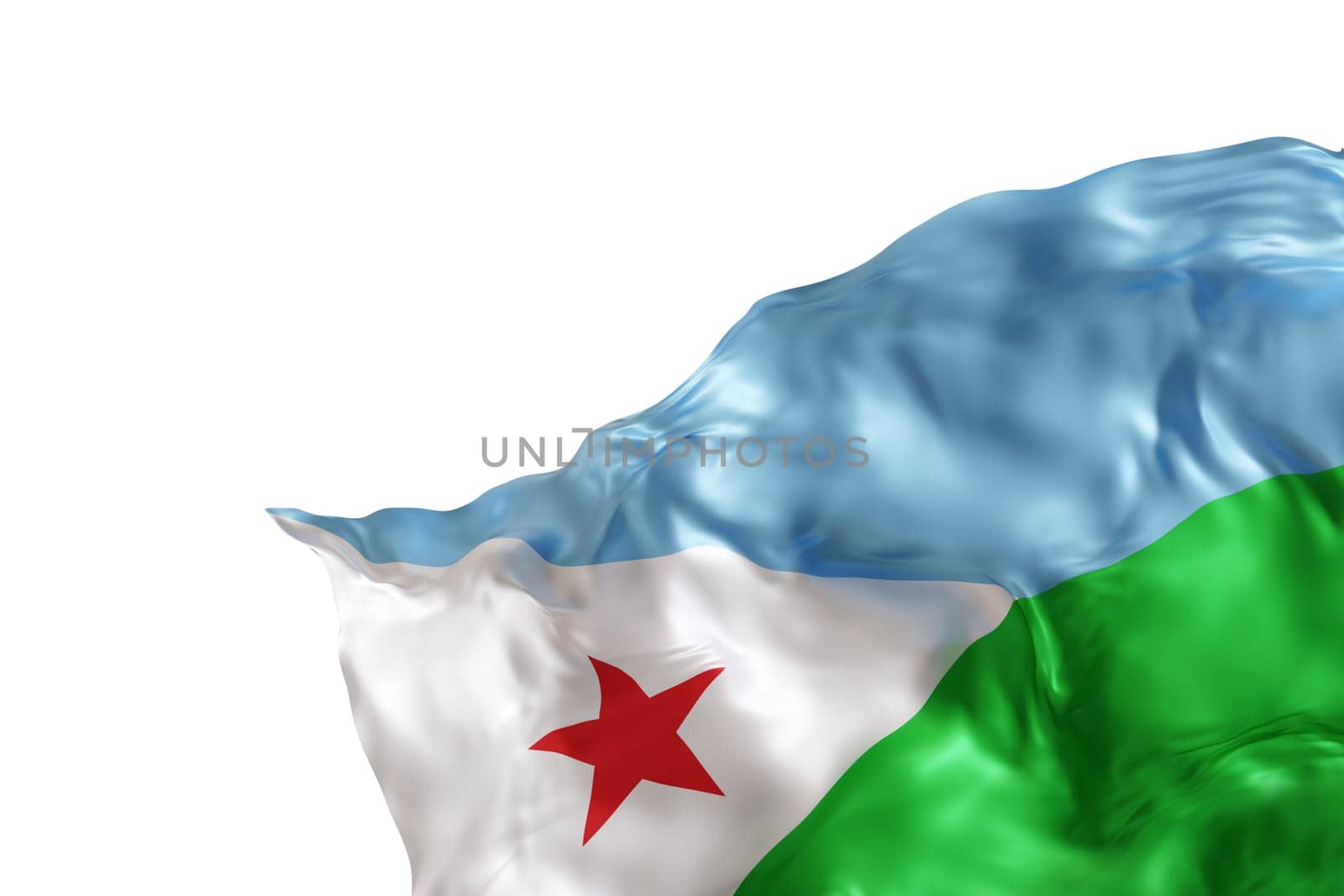 Realistic flag of Djibouti with folds, isolated on white background. Footer, corner design element. Cut out. Perfect for patriotic themes or national event promotions. Empty, copy space. 3D render. by creativebird