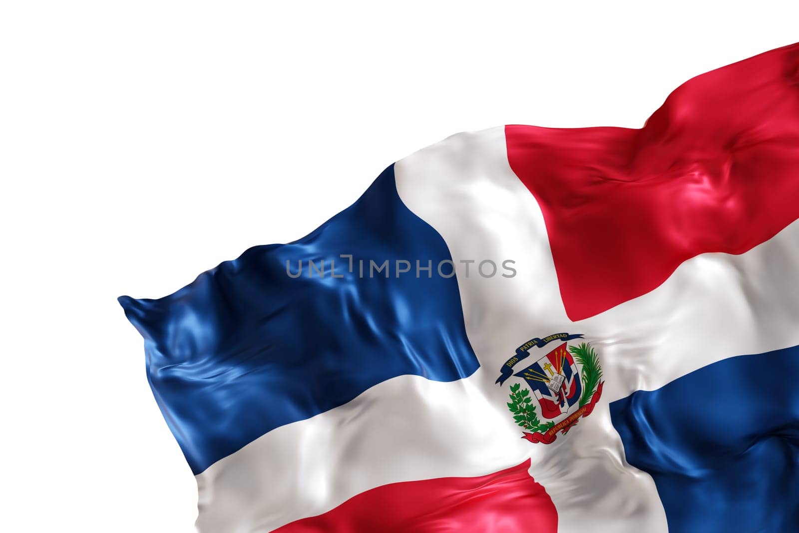 Realistic flag of Dominican Republic, isolated on white background. Footer, corner design element. Cut out. Perfect for patriotic themes or national event promotions. Empty, copy space. 3D render. by creativebird