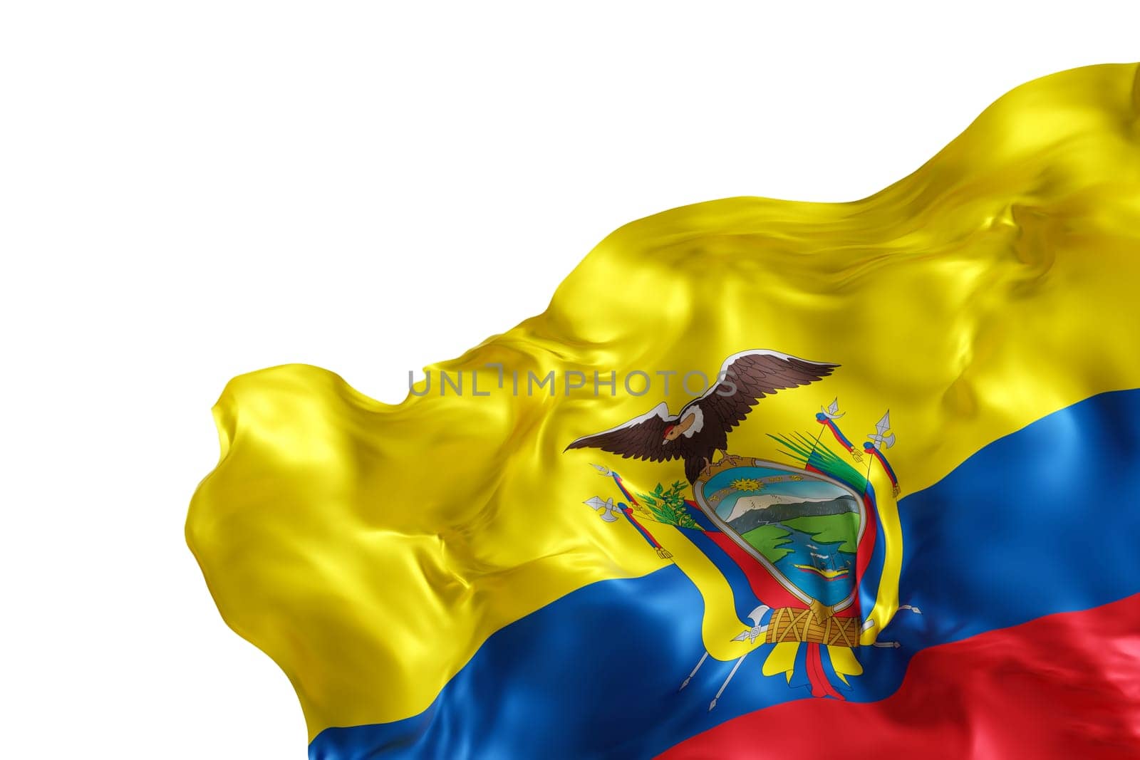 Realistic flag of Ecuador with folds, isolated on white background. Footer, corner design element. Cut out. Perfect for patriotic themes or national event promotions. Empty, copy space. 3D render. by creativebird