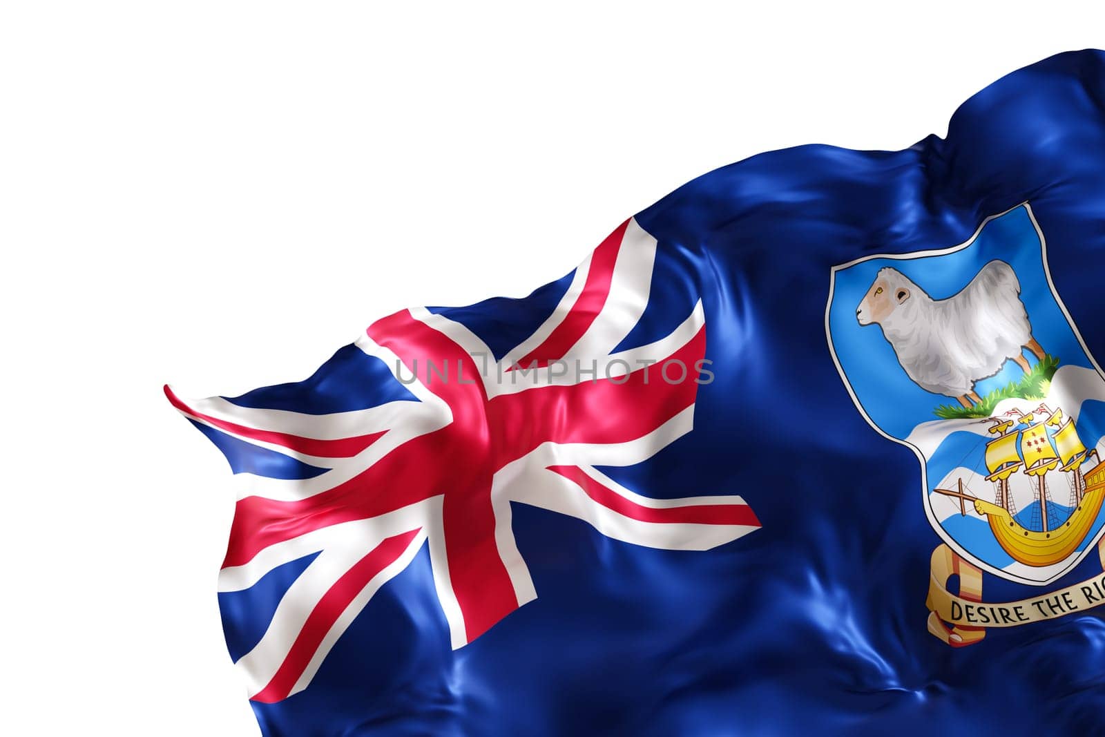 Realistic flag of Falkland Islands, isolated on white background. Footer, corner design element. Cut out. Perfect for patriotic themes or national event promotions. Empty, copy space. 3D render. by creativebird