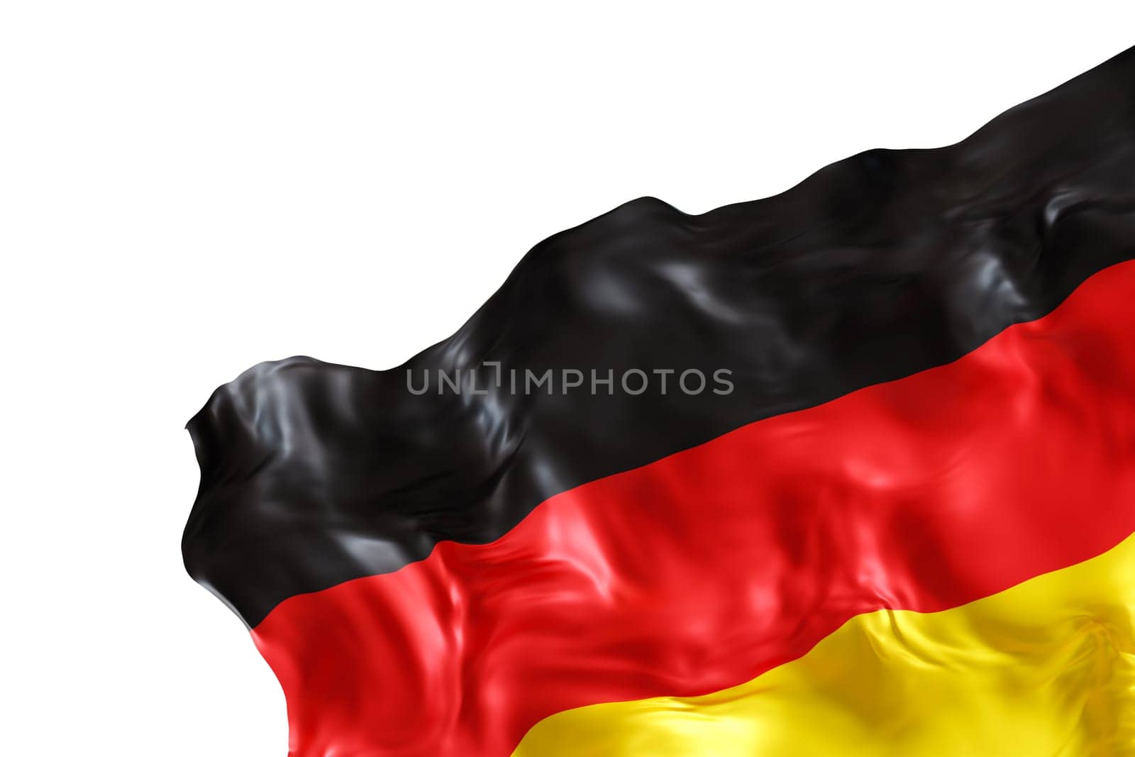 Realistic flag of Germany with folds, isolated on white background. Footer, corner design element. Cut out. Perfect for patriotic themes or national event promotions. Empty, copy space. 3D render