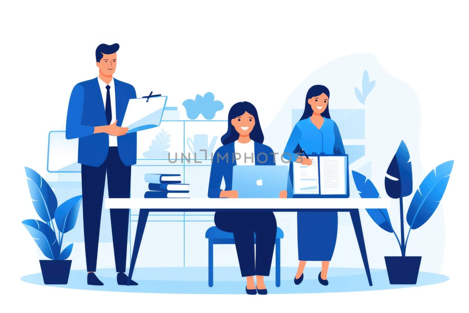 HR human resources cartoon illustration - AI generated. Man, woman, table, laptop, document.