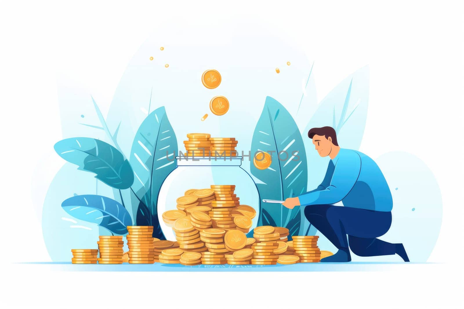 Investment funds cartoon illustration - AI generated. Coin, stack, man, sitting.