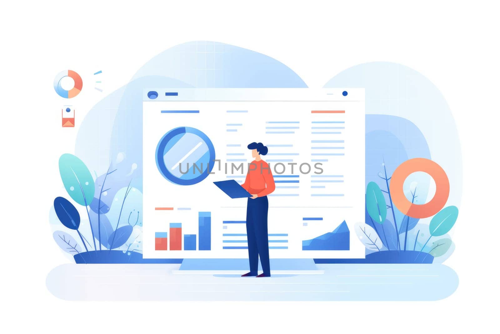 Market research cartoon illustration - AI generated. Board, graph, people, document.