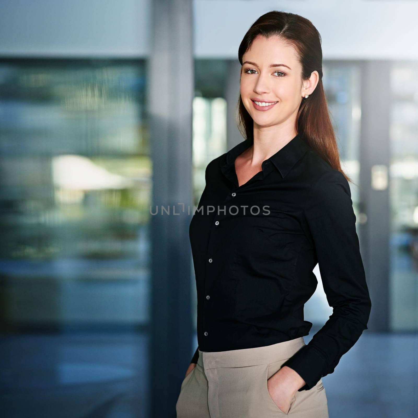Business, girl and happy portrait in office for internship at corporate company for administrative work or tasks for developing skills. Female intern, professional and confident for future career