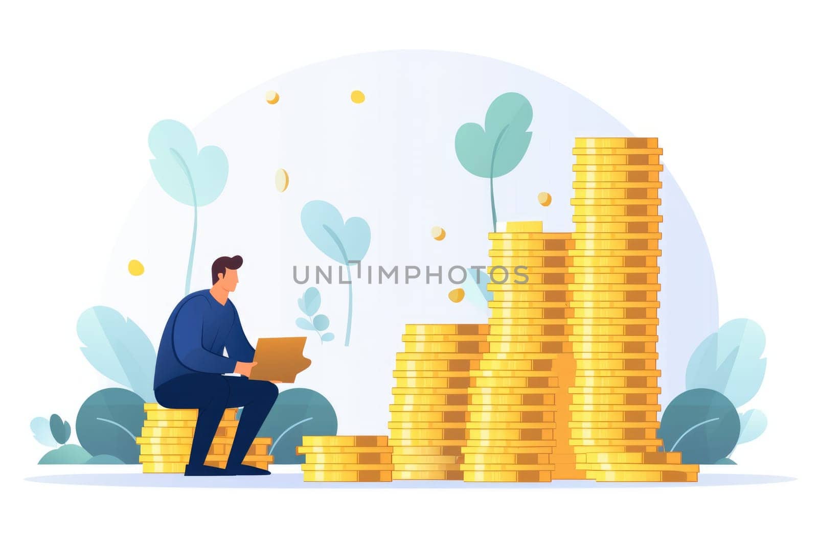 Profit the amount of money cartoon illustration - AI generated. Man, sitting, top, coin.