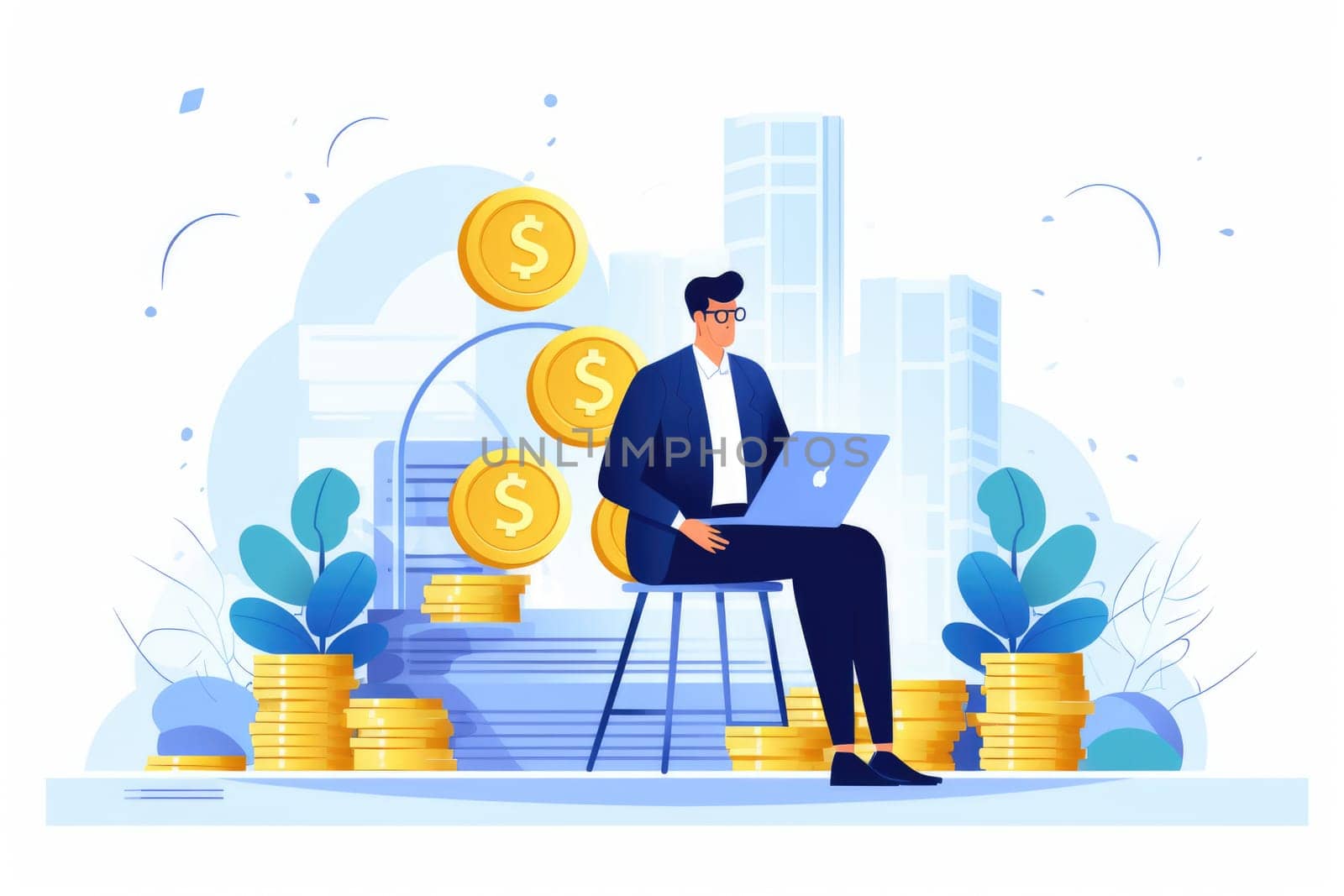 Revenue the total amount of money cartoon illustration - AI generated. Businessman, sitting, suit, coin.