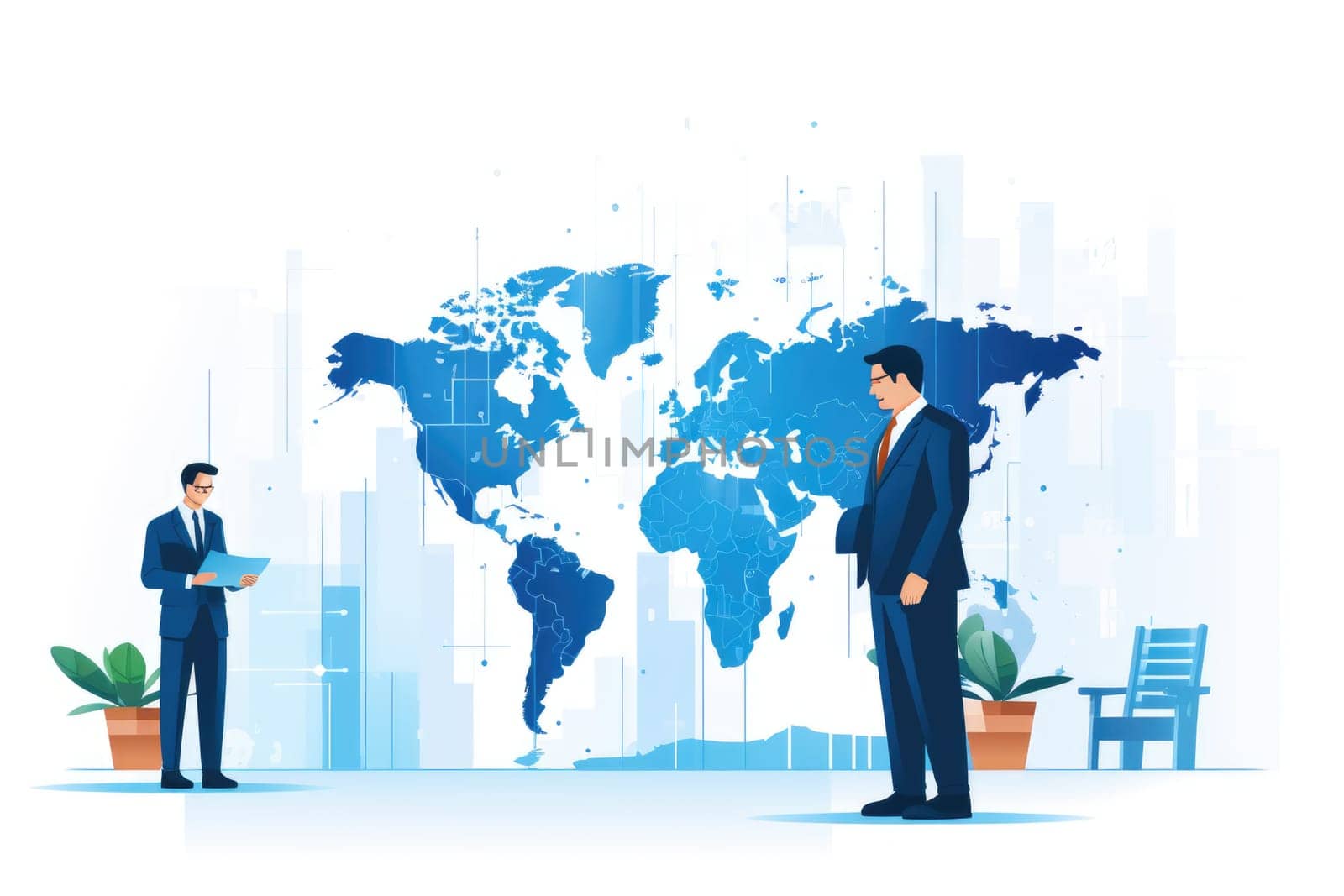 SME cartoon illustration - AI generated. World, map, continent, businessman.
