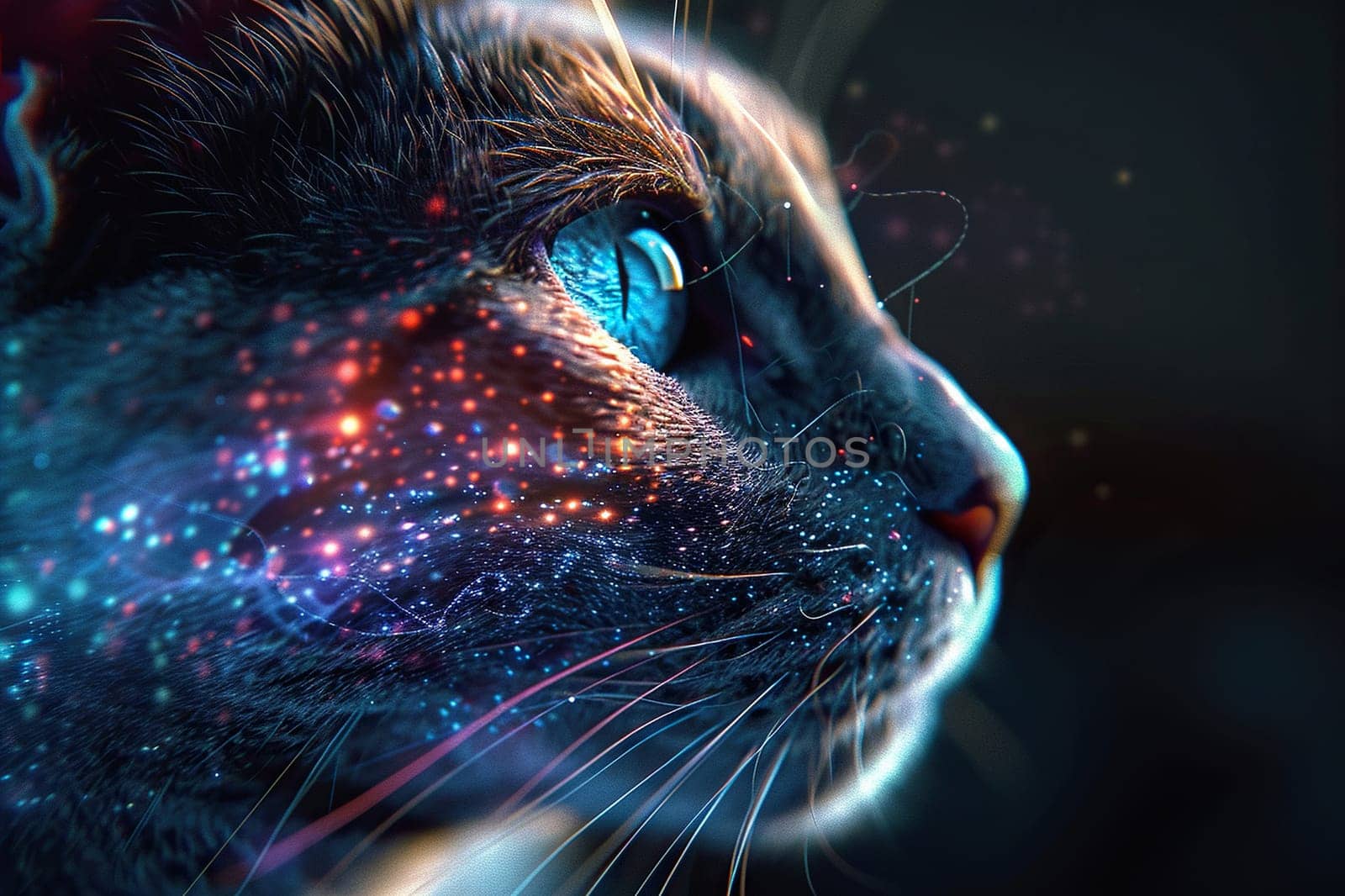 Portrait of a gray cat with a golden holographic glow on a dark blurred background. Fantasy background with a cat.
