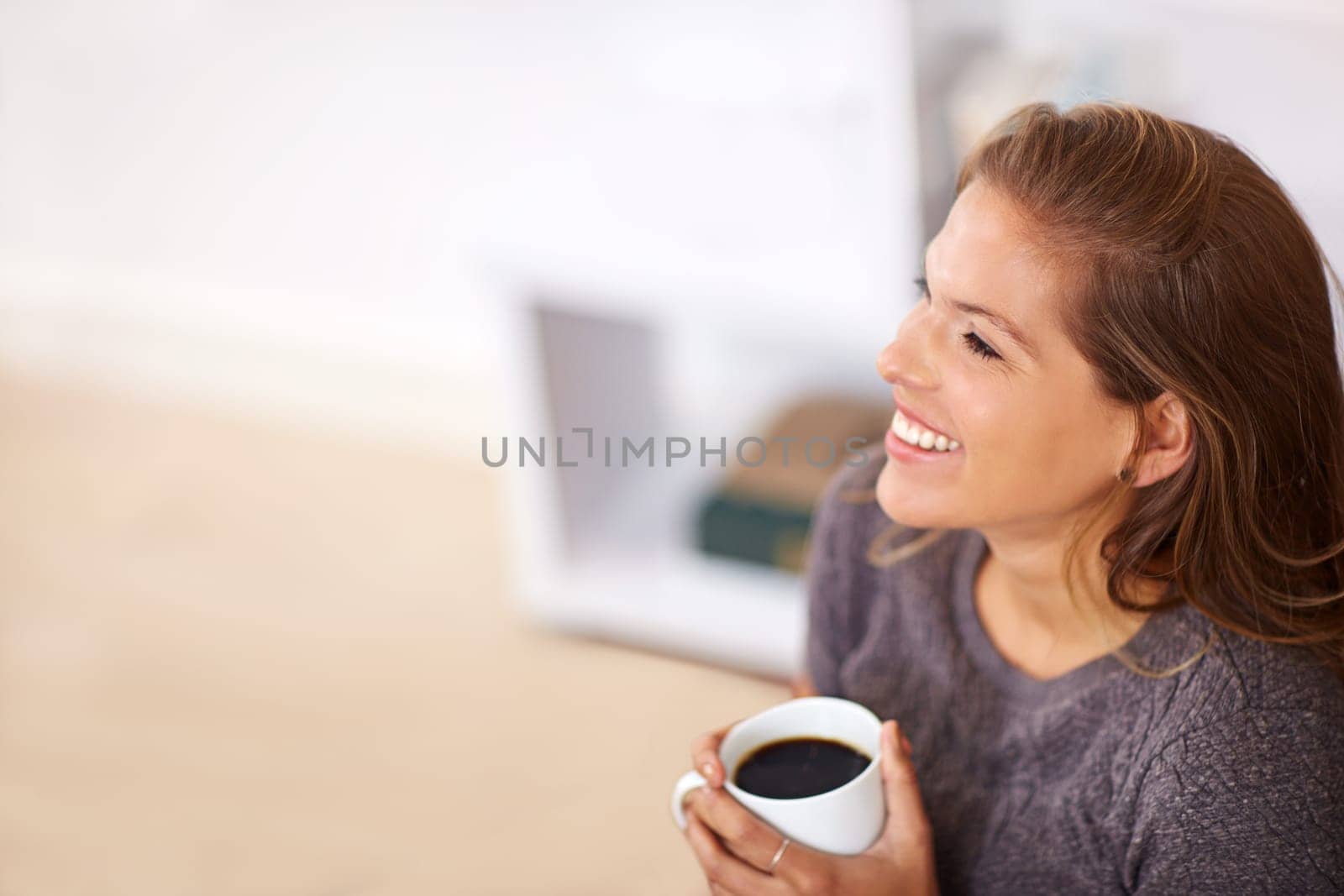 Woman, happy and thinking in house with coffee for morning, holiday and vacation in summer. Home, relax and smile of female person with warm beverage for peace, idea and stress relief in high angle.
