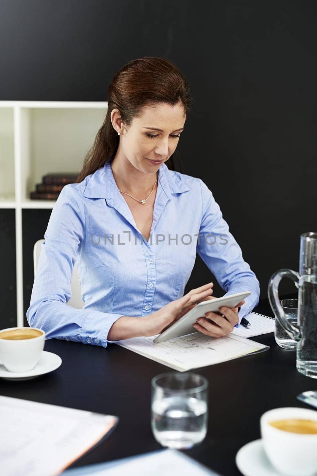 Business, woman and tablet on internet search for company opportunity and networking in boardroom. Table, entrepreneur and online with email or media, communication and information on economy growth by YuriArcurs