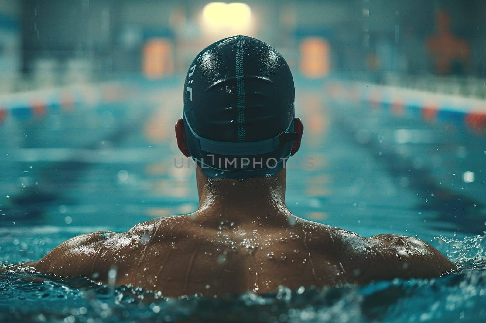 Back view of professional swimmer in pool cap training in the pool