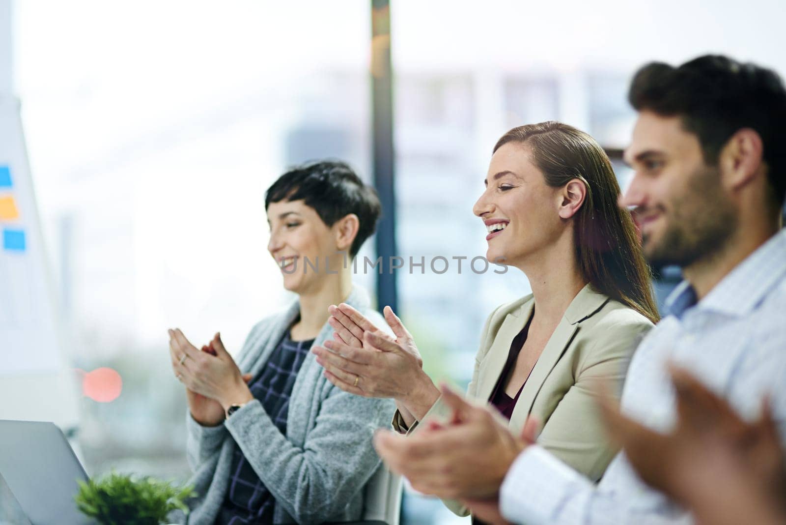 Clapping hands, meeting and business people in office boardroom for finance seminar or team building. Applause, collaboration and group of financial advisors at corporate workshop or presentation