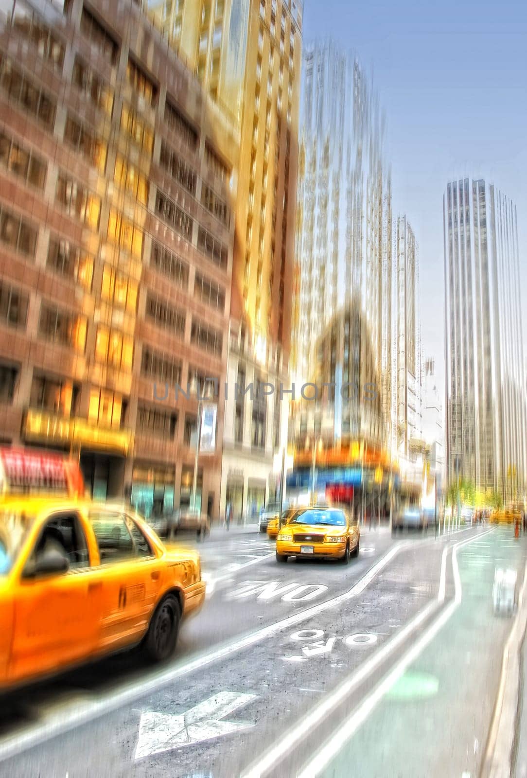 Street, city and blur of taxi, traffic and urban buildings outdoor in New York cityscape. Motion, town and road with car transport, architecture or infrastructure on landscape background in USA.