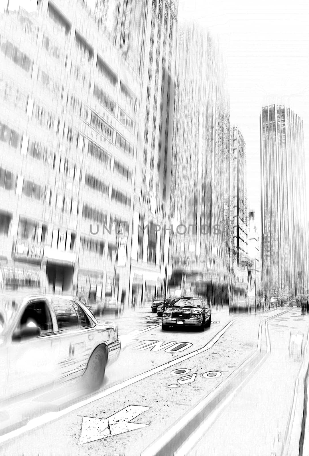 Illustration, city and drawing with sketch, motion and buildings with car, road and creativity. Abstract, vehicle and artistic with travel, graphic design and New York with art deco, skill and talent.