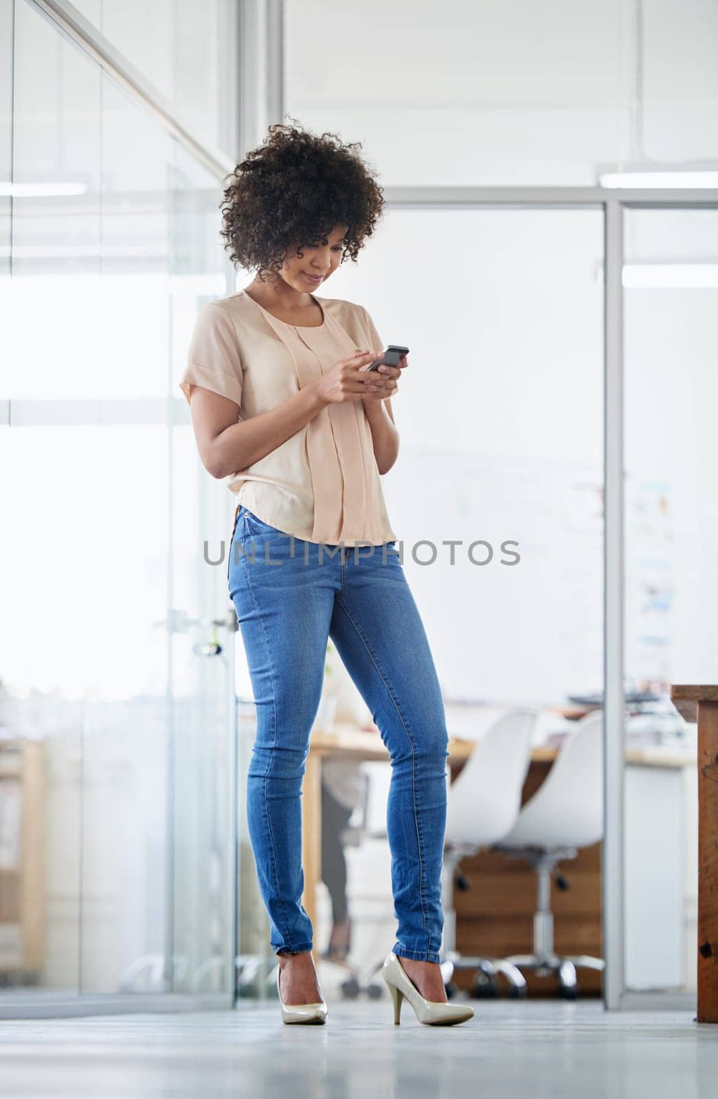 Typing, smartphone and business woman in office for reading email, networking or browsing website. Professional, human resources and female employee for communication, social media or information.