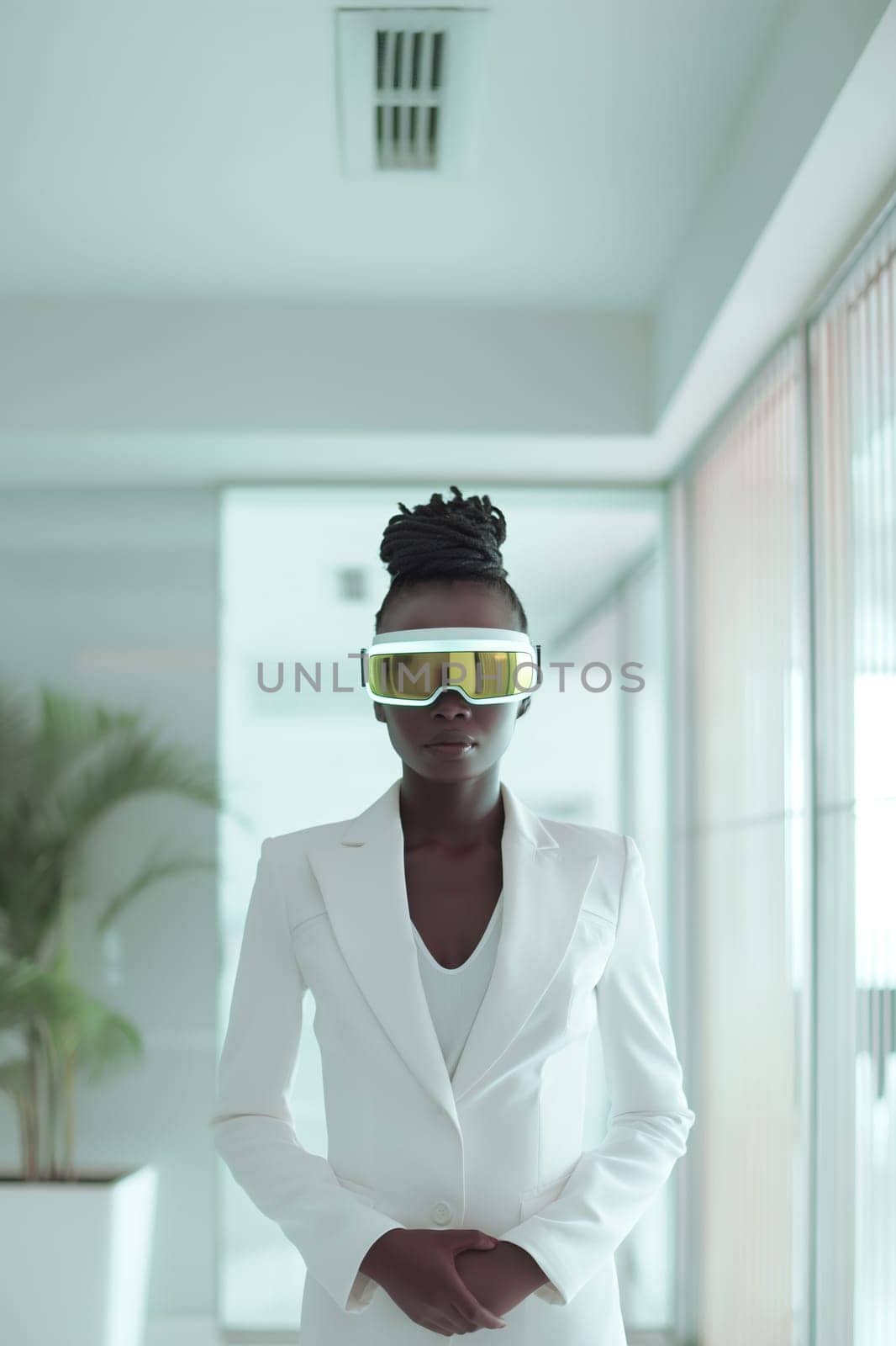 Portrait of an African woman with virtual reality glasses. by Nataliya