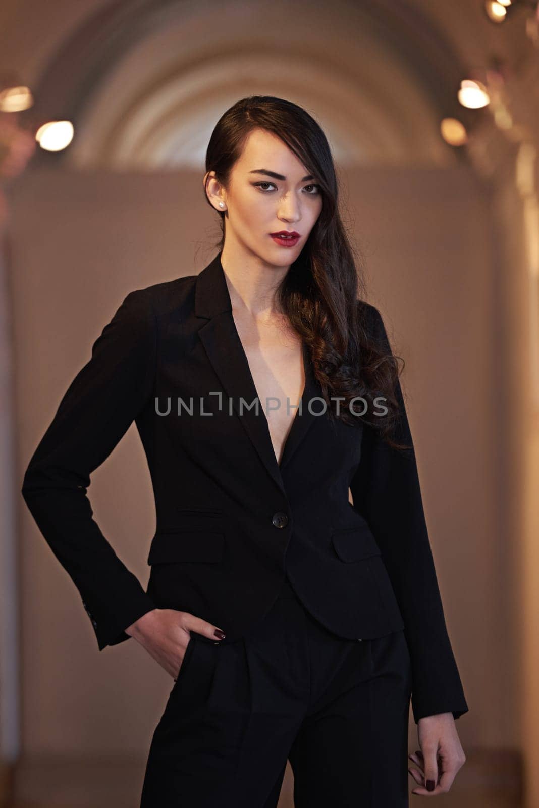 Portrait, outdoor and fashion with woman, beauty and stylish clothes with gangster, Paris and evening. Face, person or boss lady with retro elegant outfit, night or girl with vintage, luxury or mafia.