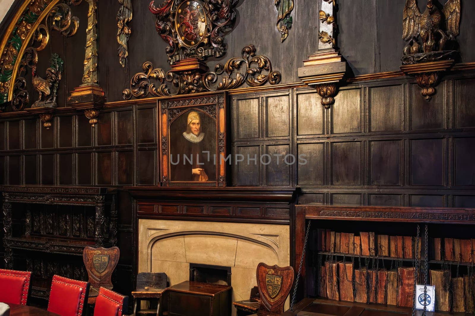 Manchester, UK - February 20 2020: Chetham 1653 medieval public library interior.