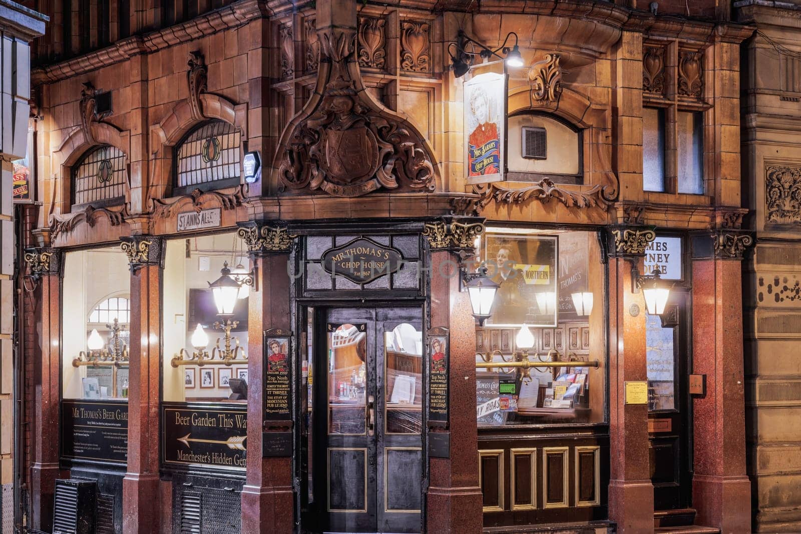 Manchester, UK - February 20 2020: Mr. Thomas Chop House former pub historic comfort food restaurant facade.