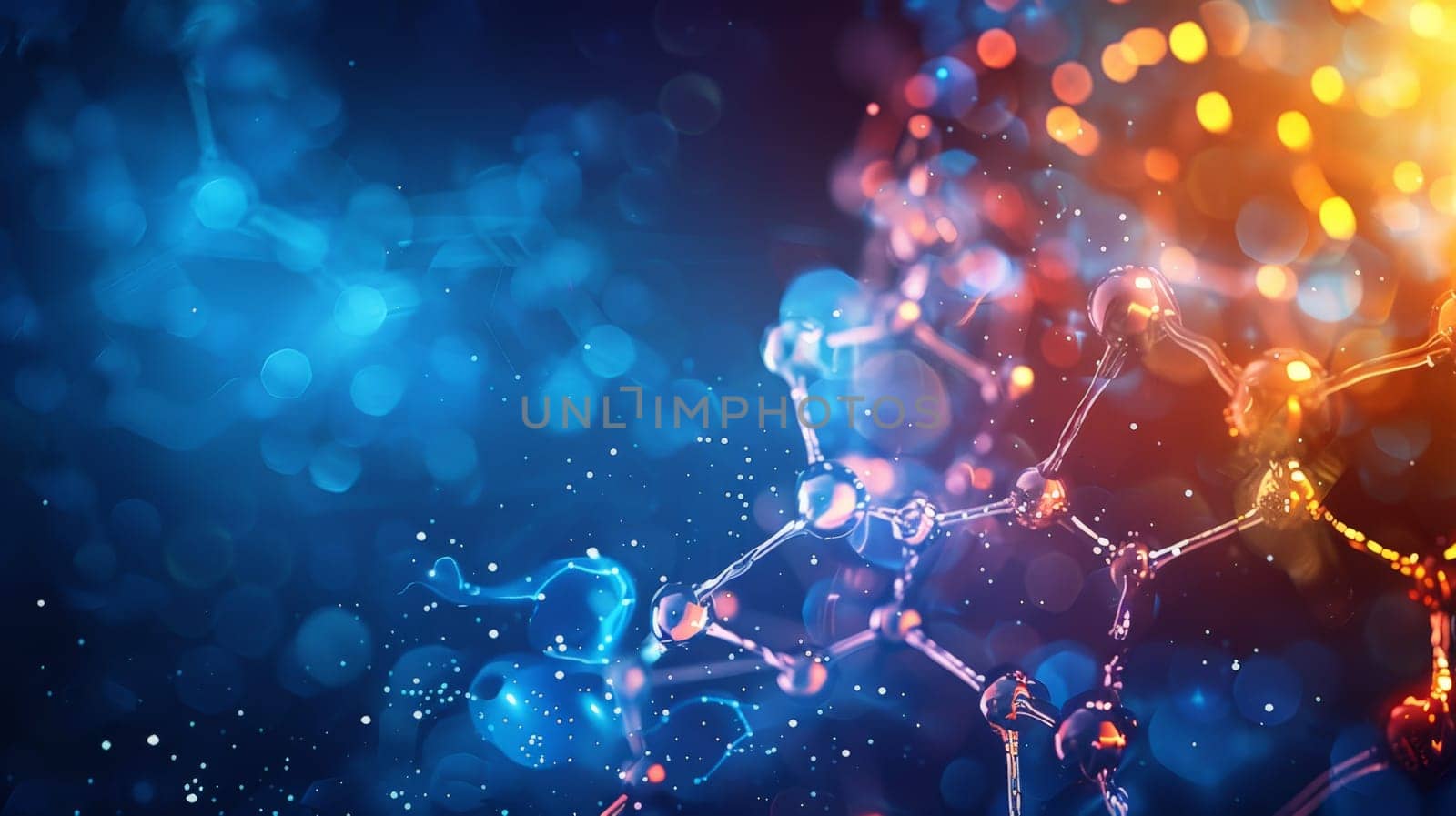 A blue and orange background with a molecular structure in the center.