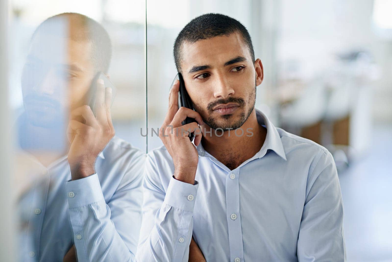 Businessman, thinking and phone call in office with idea in discussion to real estate client. Project, ideas and contact entrepreneur for feedback chat, communication of news and planning decision.