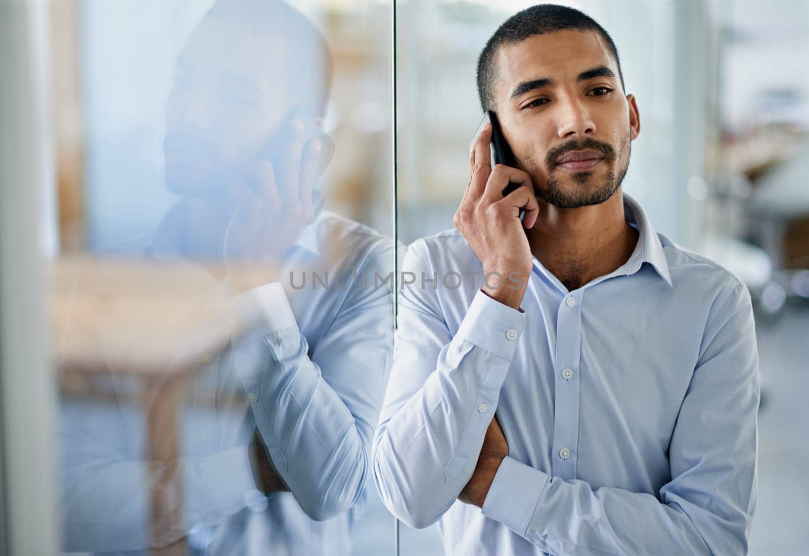 Man, thinking and planning in office with phone call to client with real estate opportunity to invest. Property, realtor and chat to contact with ideas for future decision in business or investment.