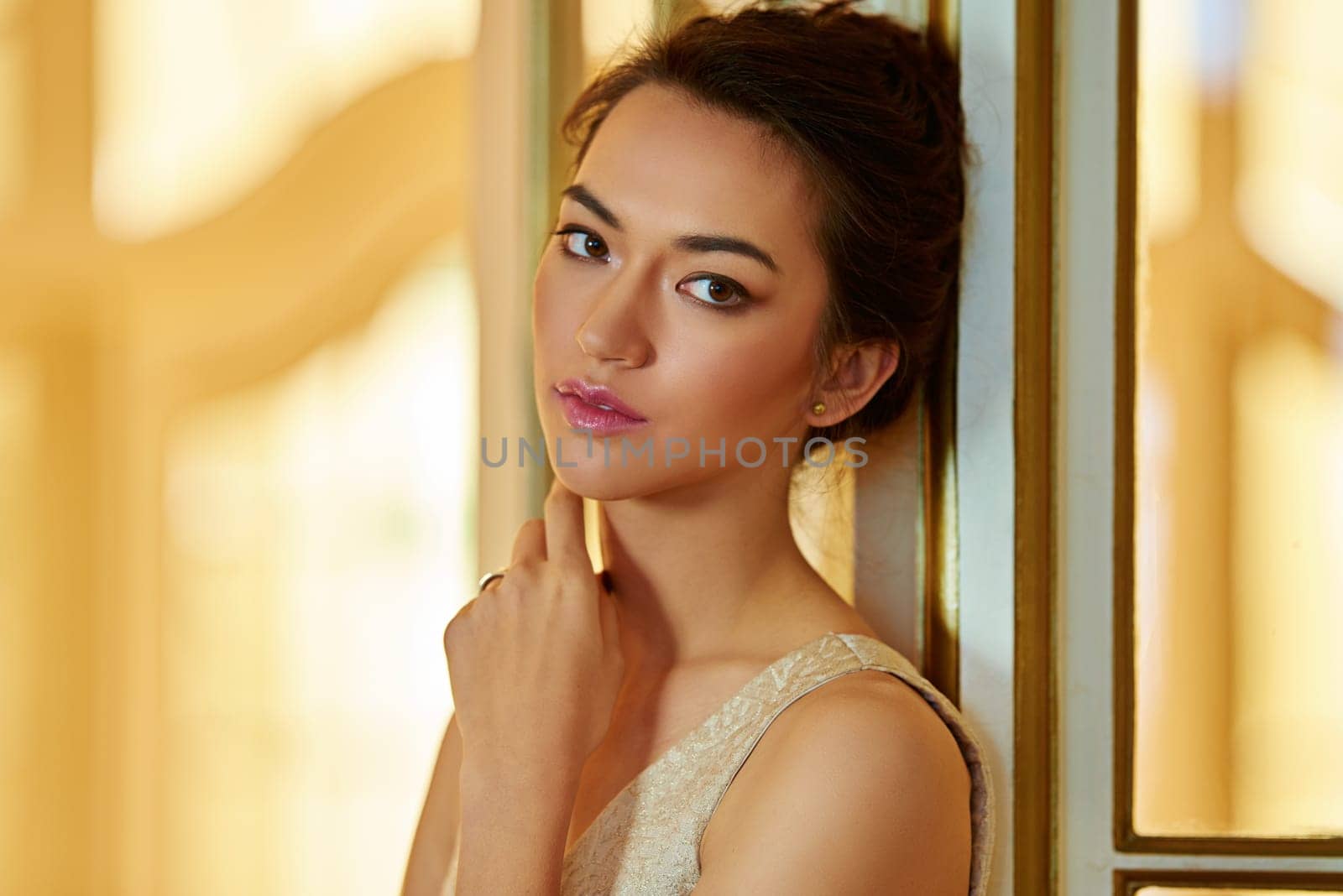 Elegant, beauty and portrait of woman at gala event in fashion style, cosmetics and makeup. Vintage, evening aesthetic and face of person with confidence, pride and luxury glamour for charity ball.