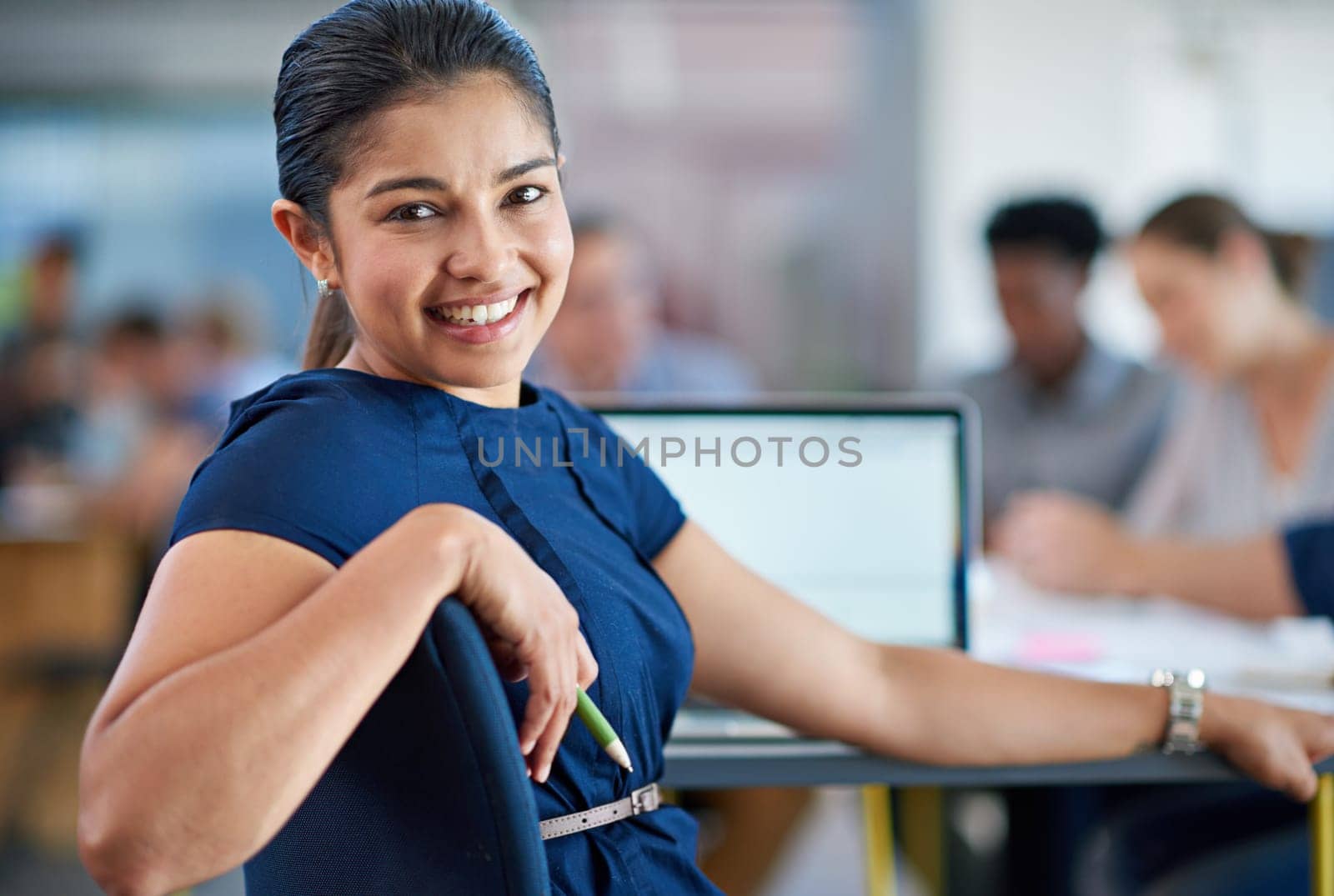 Smile, meeting and portrait of business woman with laptop in office for finance research with team. Happy, confident and female financial advisor with computer for corporate budget plan discussion