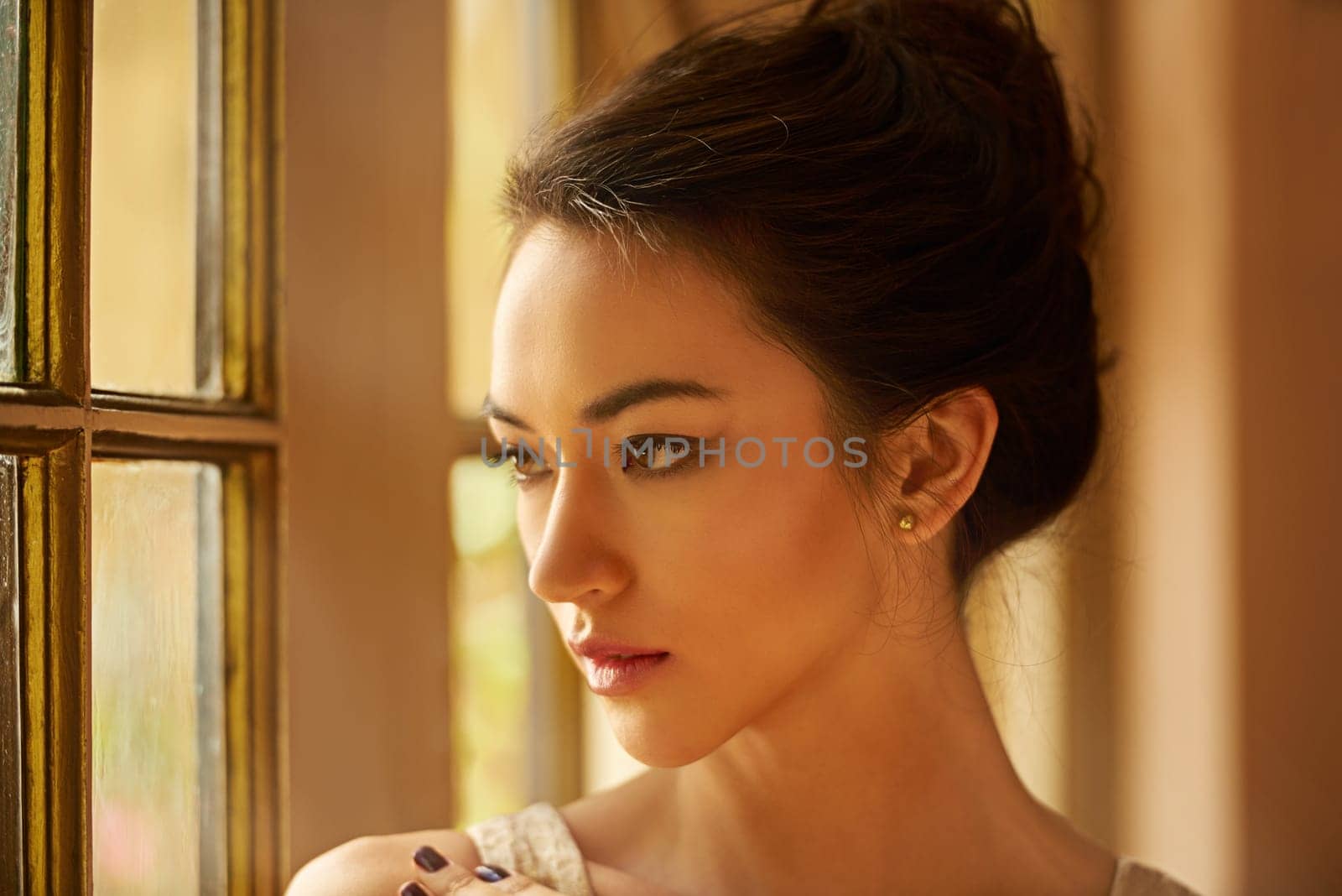 Beauty, thinking and woman in elegant home for gala event in style, classy outfit and formal clothes. Window, aesthetic and person with confidence, pride and luxury in vintage manor, house or mansion.