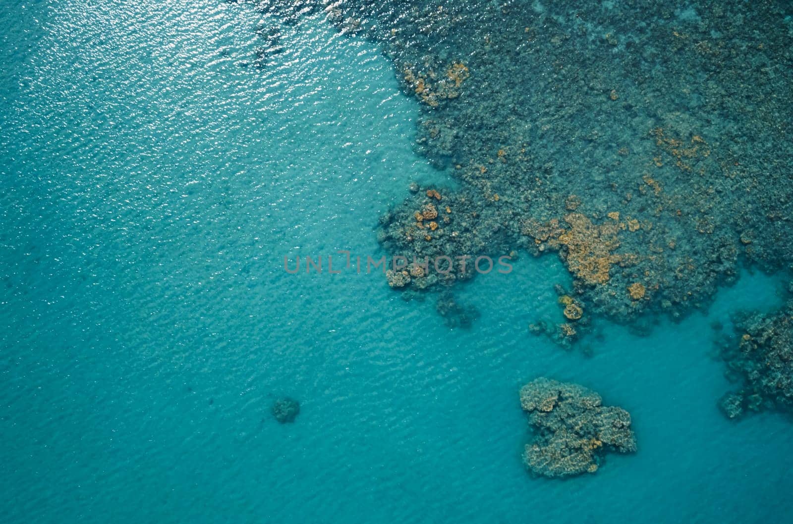 Aerial top view of the blue ocean and coral reef on sunny day. Sea surface.