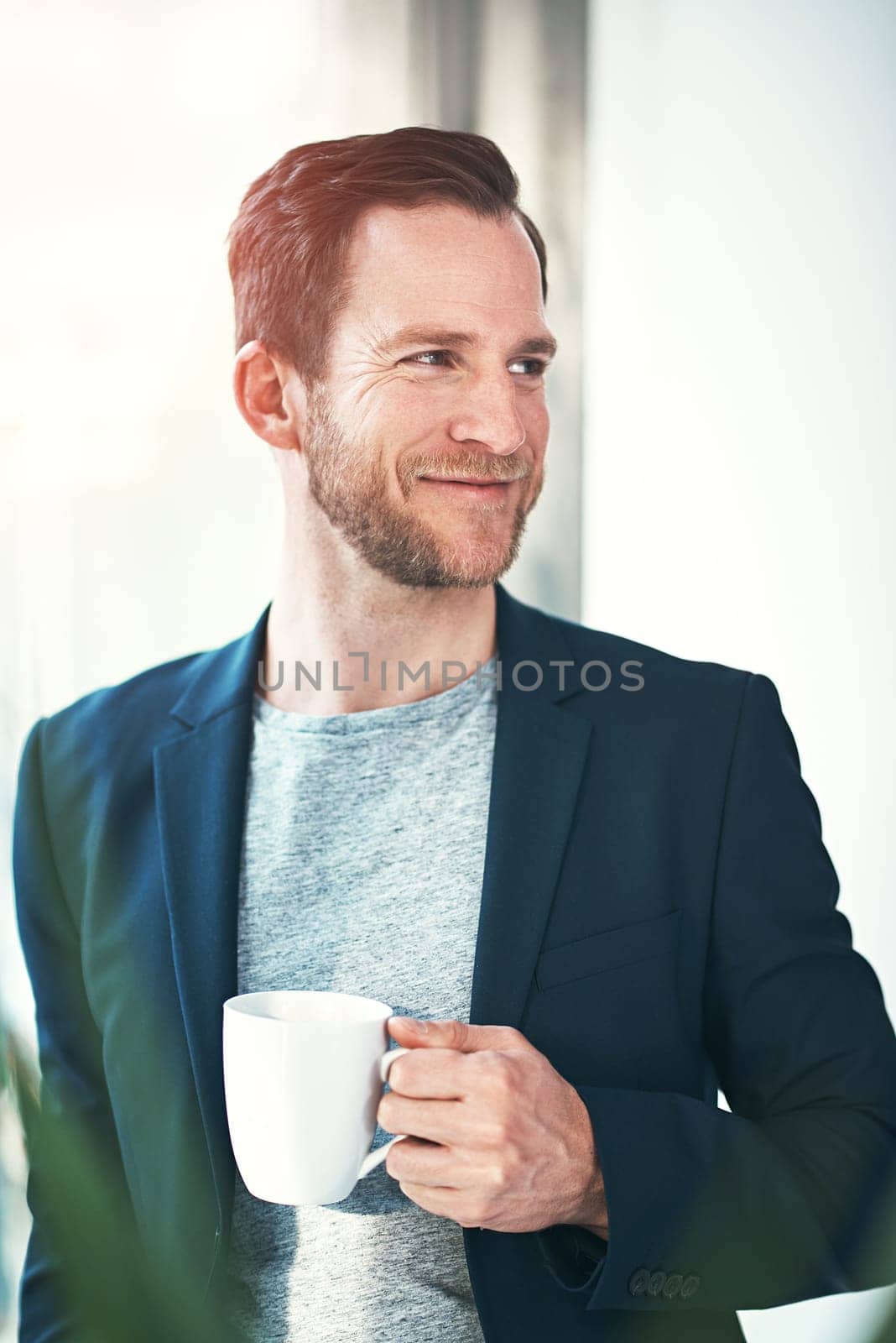 Business man, coffee and thinking in office with ideas, inspiration and happy for startup career. Professional person or entrepreneur with tea, beverage and drink for morning brainstorming or vision.