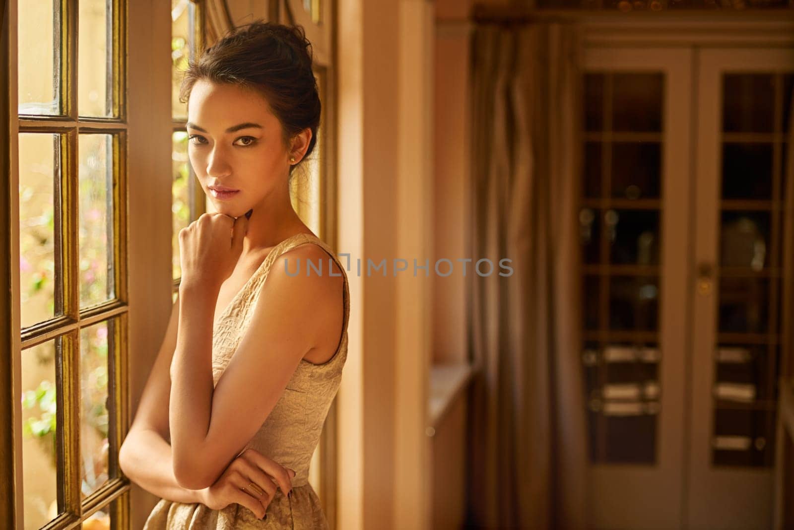 Fashion, window and portrait of elegant woman for gala in style, classy outfit and formal clothes. Wealth, aesthetic and person with confidence, pride and luxury in vintage manor, home and mansion.