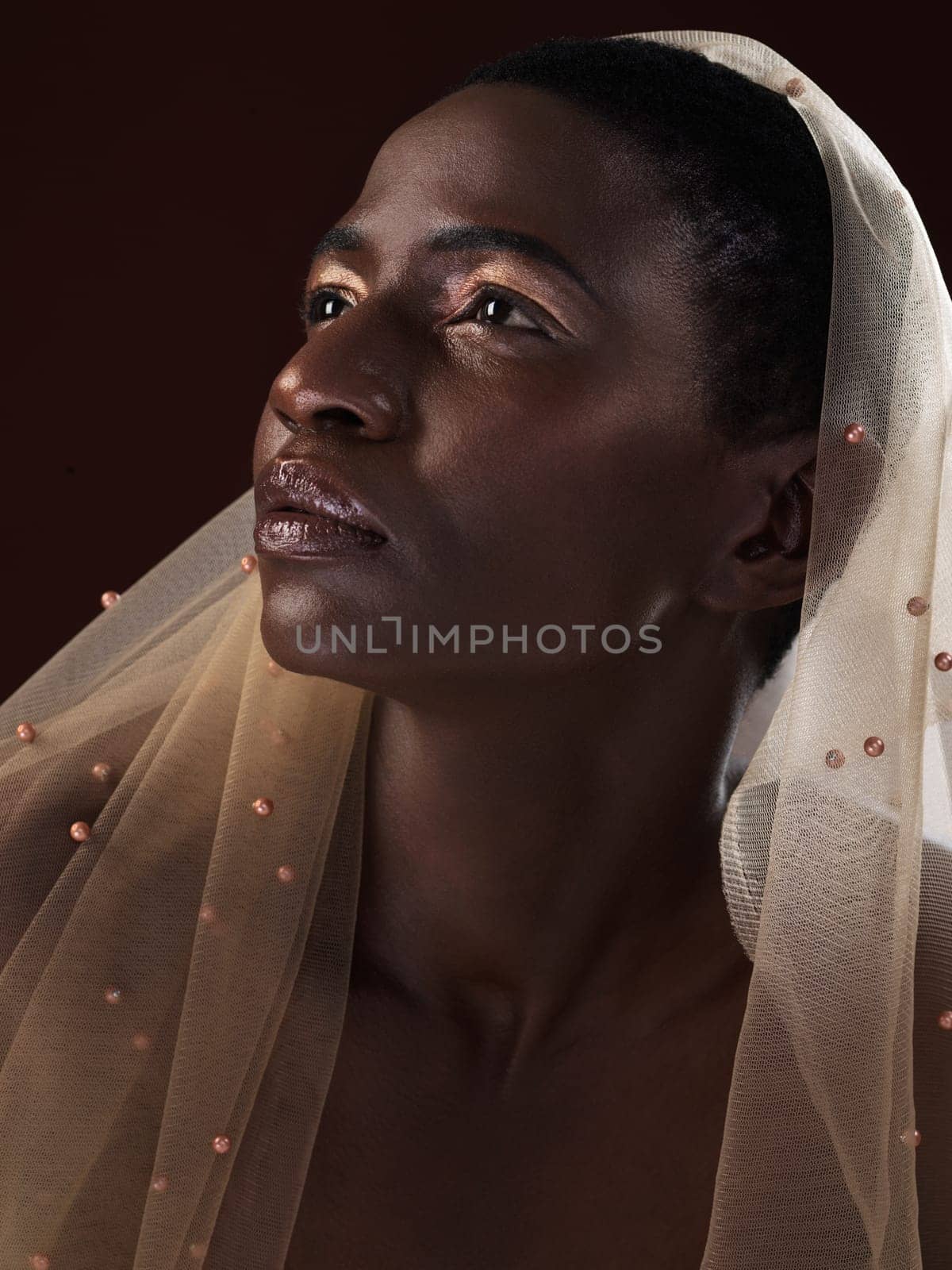 African, fashion or woman thinking of makeup, scarf or confidence glow in studio on black background. Editorial, face or model with traditional wrap, eyeshadow cosmetics or skincare beauty in Ghana.