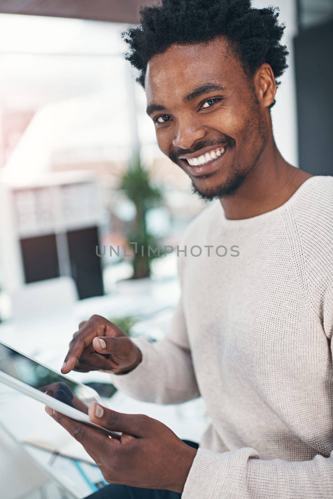Happy, black man and portrait with tablet for creative development, research or browsing news at office. African or male person with smile or scrolling on technology in digital improvement or startup.