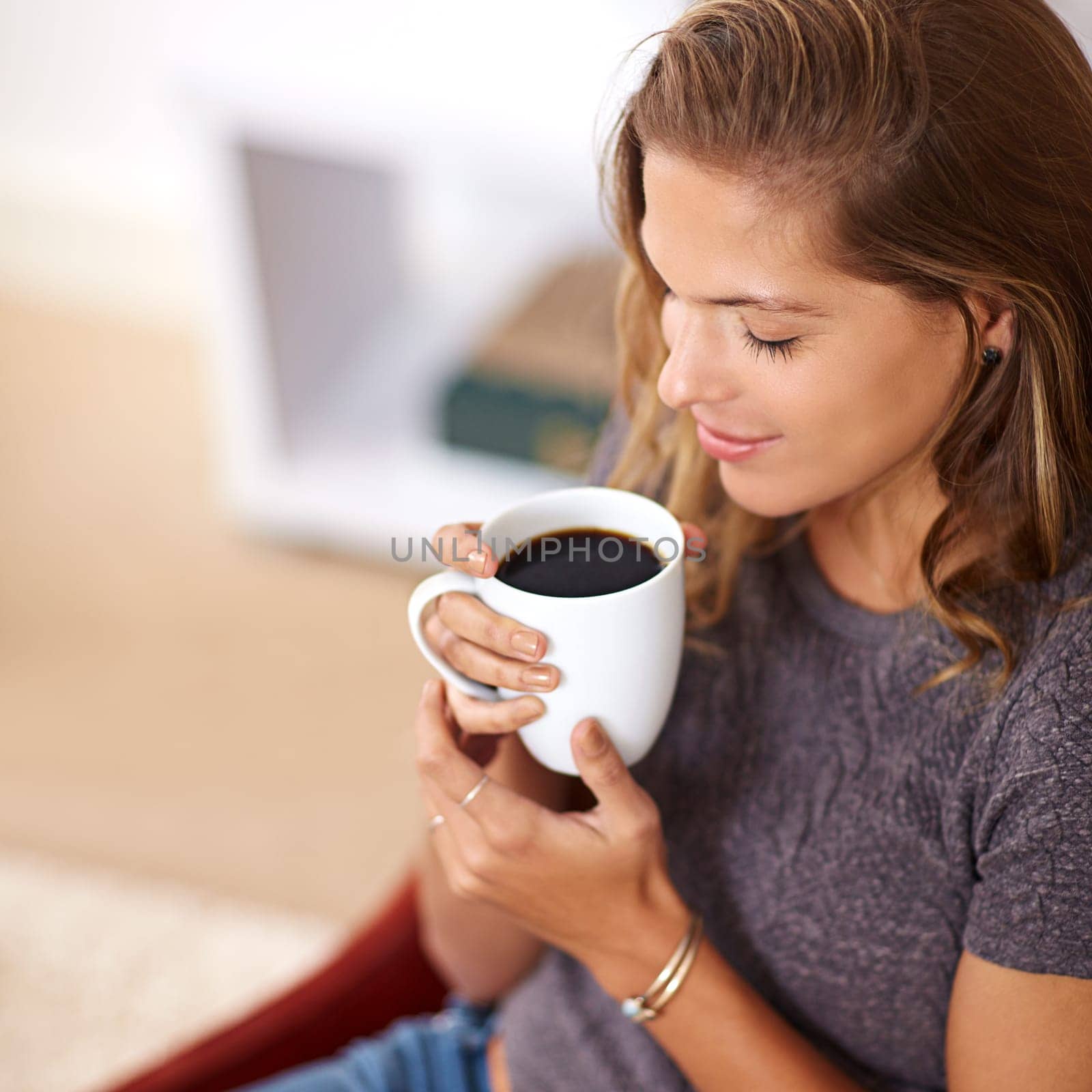 Woman, relax and thinking in home with coffee for morning, stress relief and holiday in summer. House, smile and happy female person with warm beverage for aroma, peace and satisfaction in high angle.