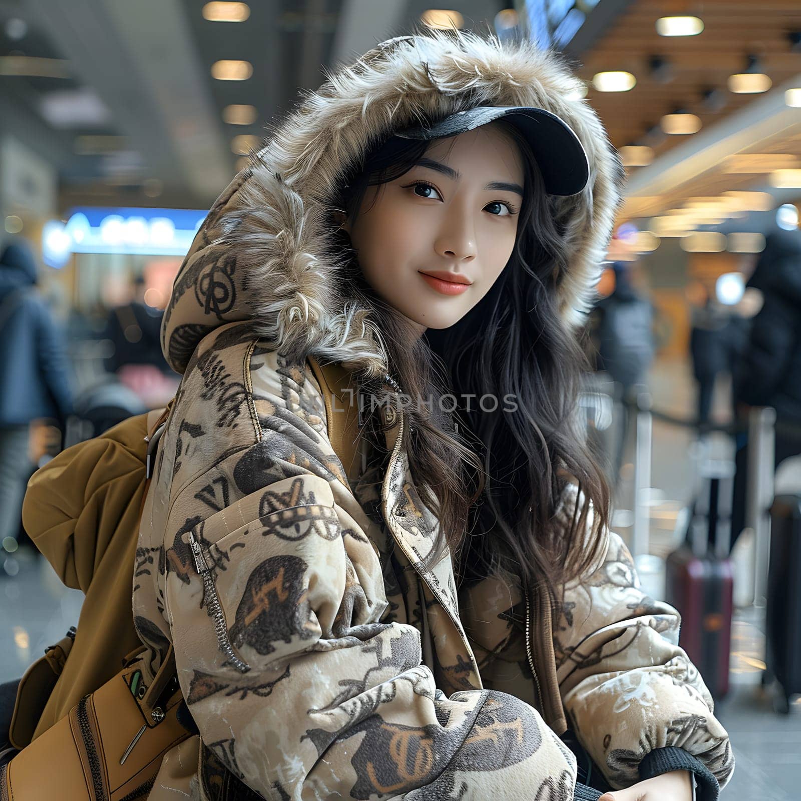 A woman in military camouflage, wearing a hooded jacket with fur trim and a hat. Her black hair peeks out from under the hood, creating a cool and stylish fashion design