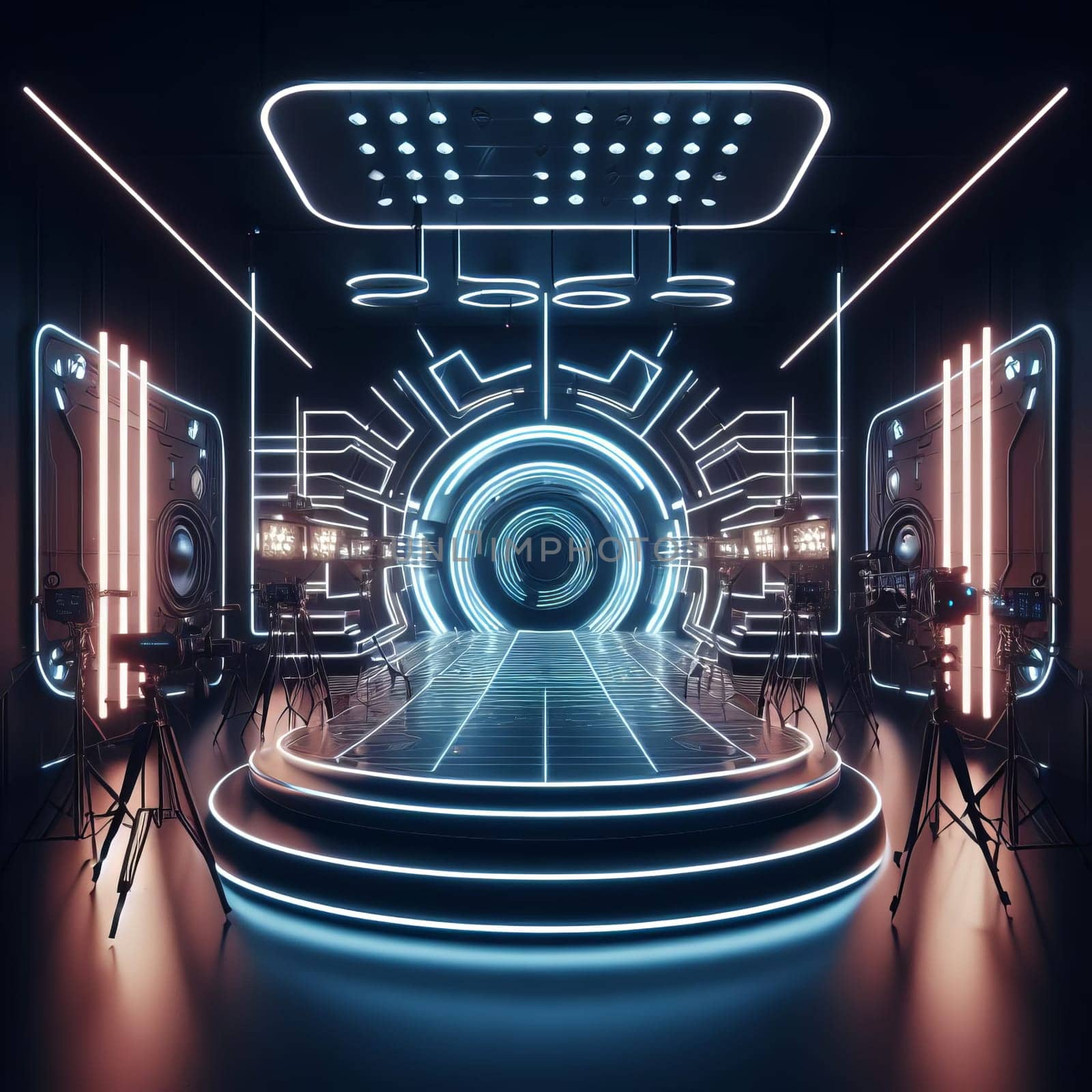 Futuristic image of a symmetrical tunnel with neon lights and a stage, exuding a sci-fi feel. by sfinks